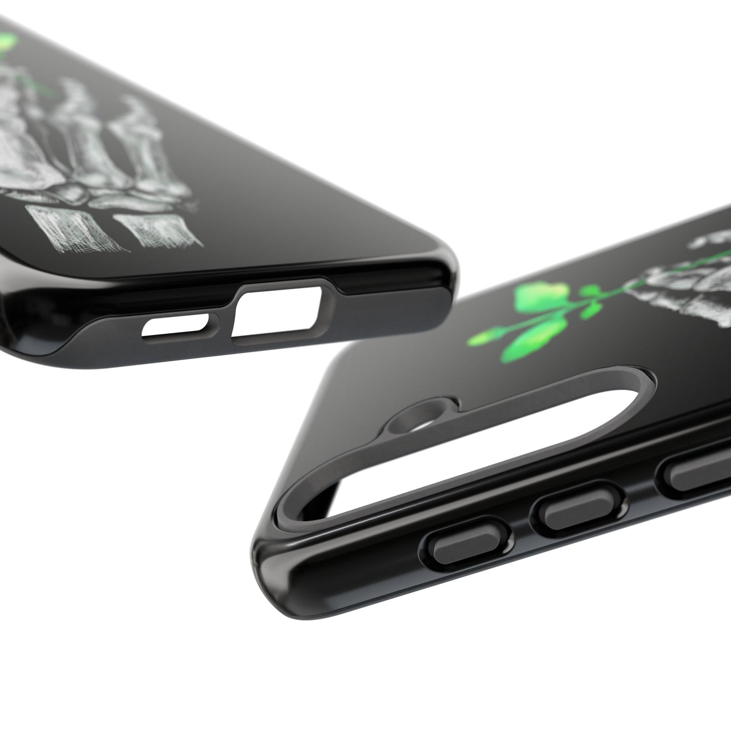 Black phone case with a design on a white background