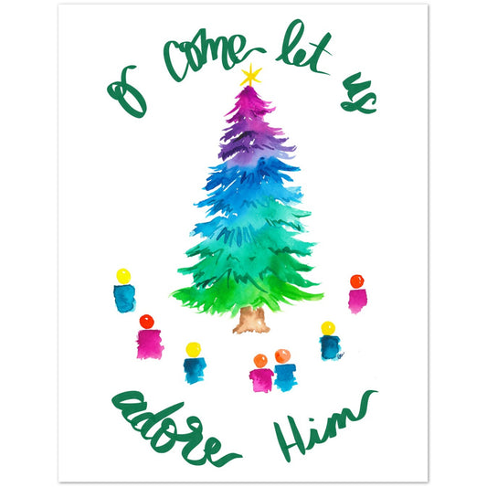 A square card featuring a watercolor Christmas tree with a purple-to-green gradient, surrounded by small colorful figures and green cursive text reading 'I come to let us adore Him' on a white background.