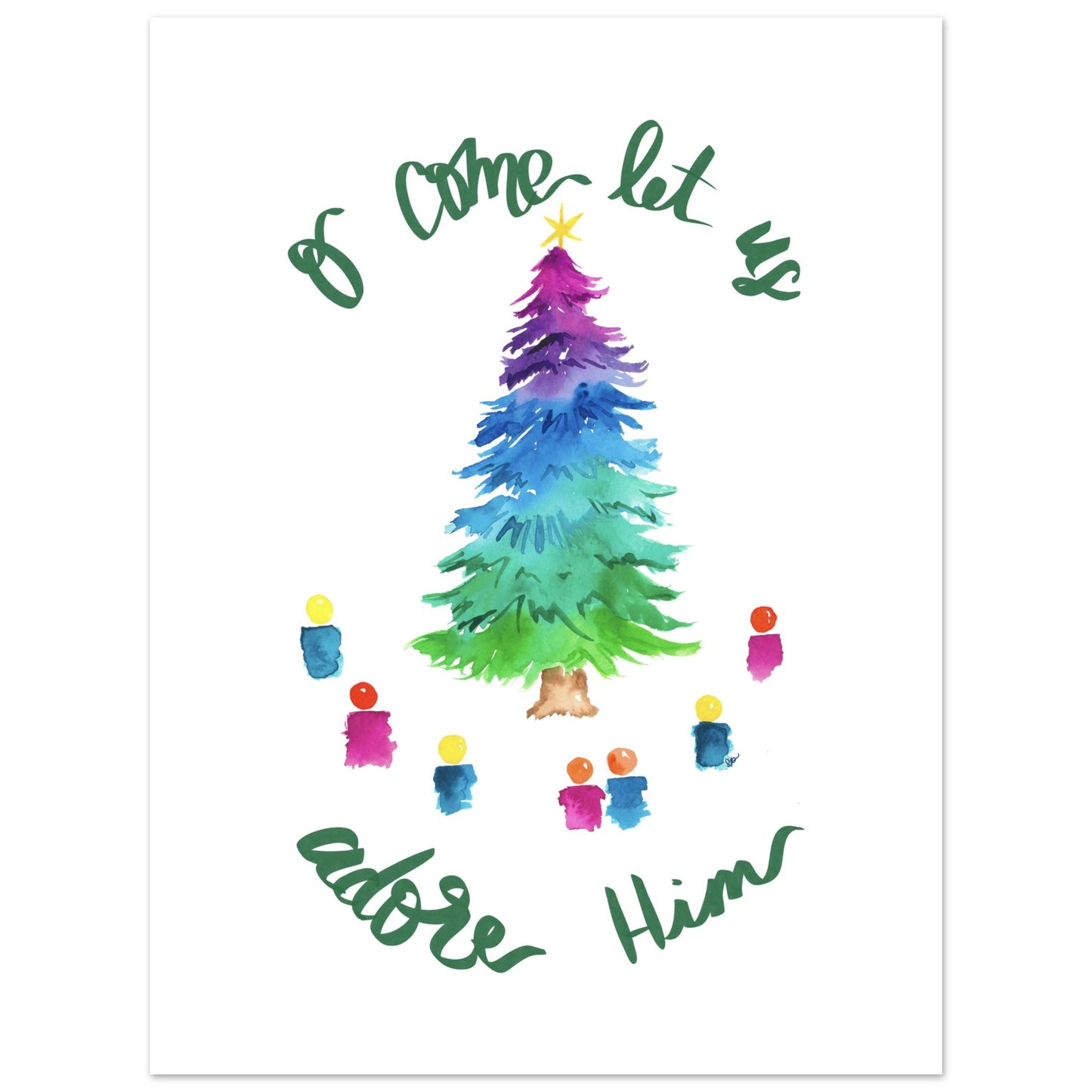 Colorful Christmas tree with children around it and text 'Let us come let us adore Him' on a white background.