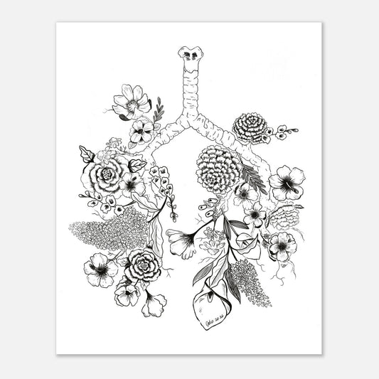 Art print with black and white floral design coming out of the lungs