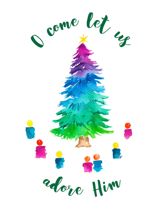Colorful watercolor Christmas tree with star on top and people around the tree with the phrase “o come let us adore Him” on a white card