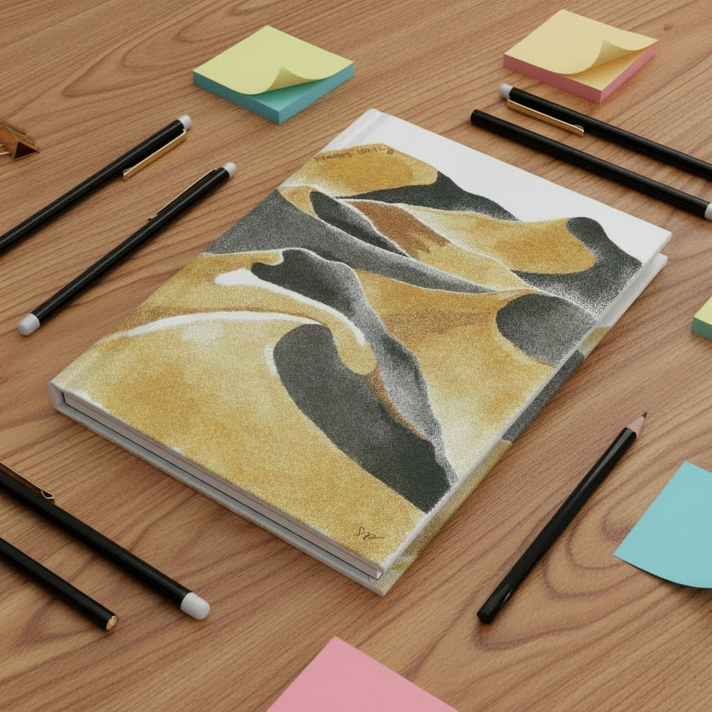 Notebook with grains of sand design on a wooden surface with pens and sticky notes.