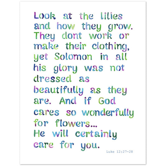 A typographic wall art print featuring a Bible verse from Luke 12:27-28 in pastel rainbow watercolor-style lettering on a white background.