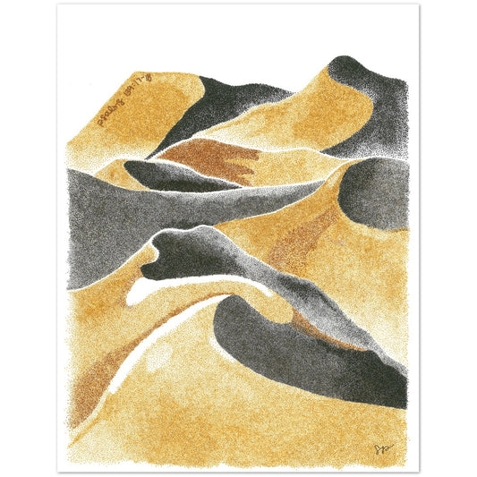 Stippled sand dune art on front of greeting card with yellow, tan, brown, and black colors