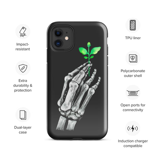 Black background phone case with white skeleton hand holding a plant. Specs of the phone case on the side including impact resistant, extra durability, dual layer, TPU liner, Polycarbonate outer shell, open ports for connectivity, induction charger compatible