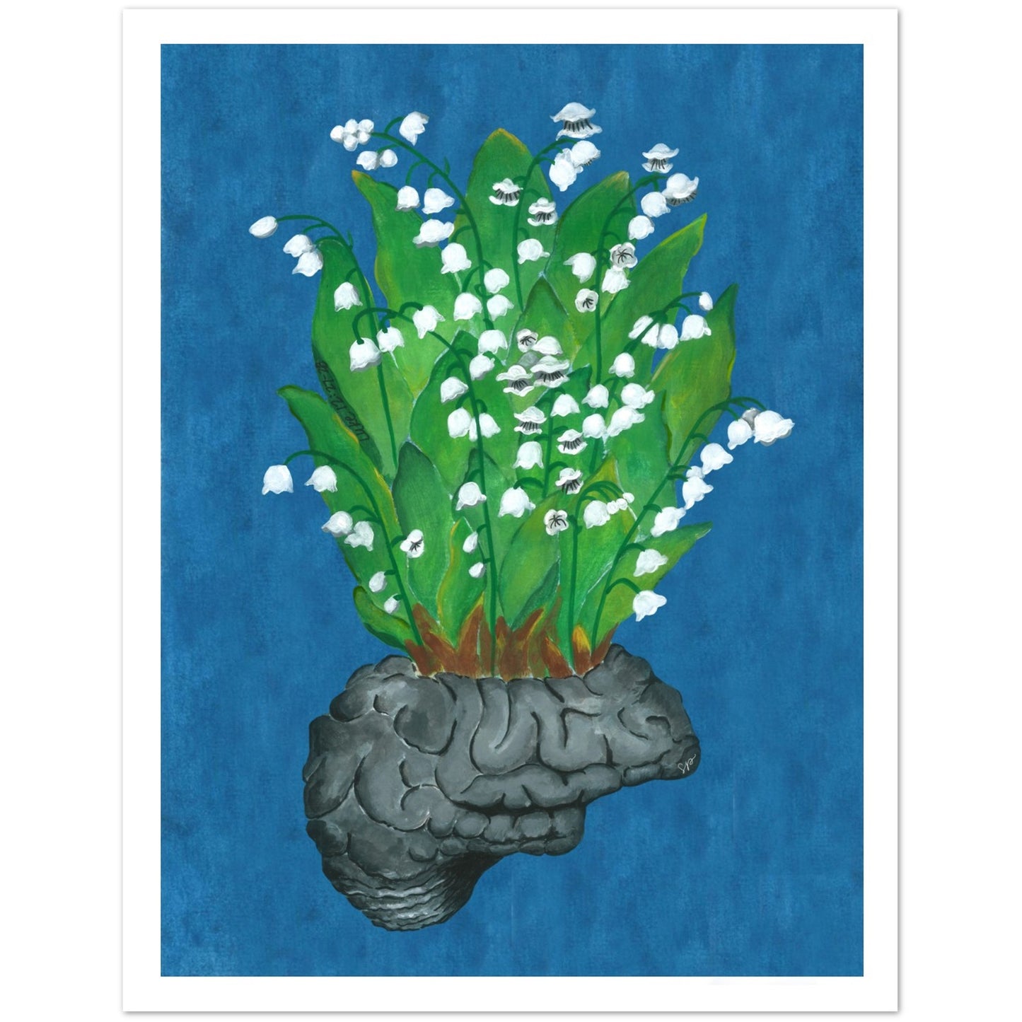 A square card featuring a surreal illustration of a gray brain-shaped planter filled with green lily of the valley stems and small white bell-shaped flowers, set against a textured blue background. The print is shown with a white border.