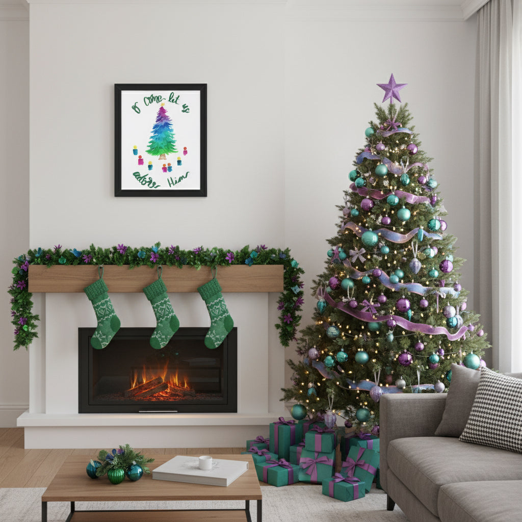 Framed artwork with a colorful Christmas tree and text on a wall above a fireplace and Christmas tree in a living room.