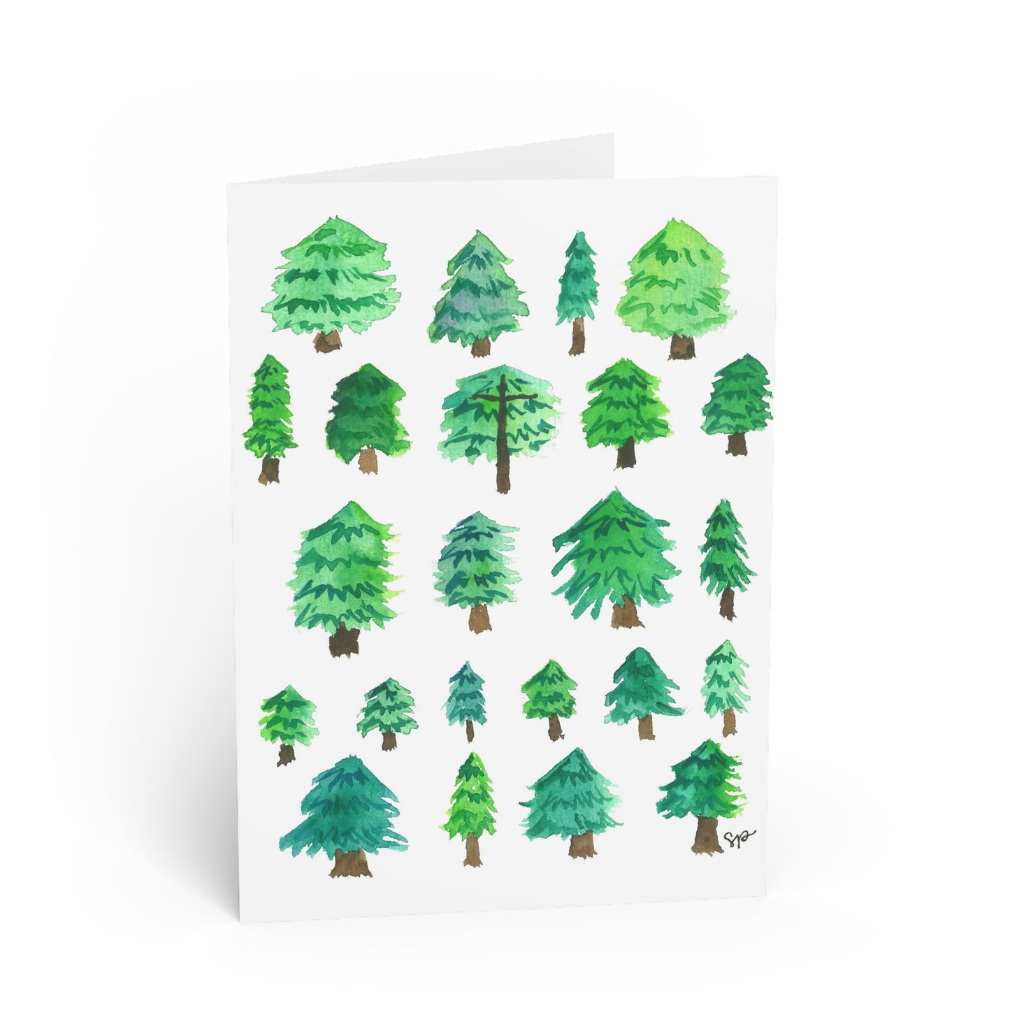 Greeting card with watercolor trees on a white background