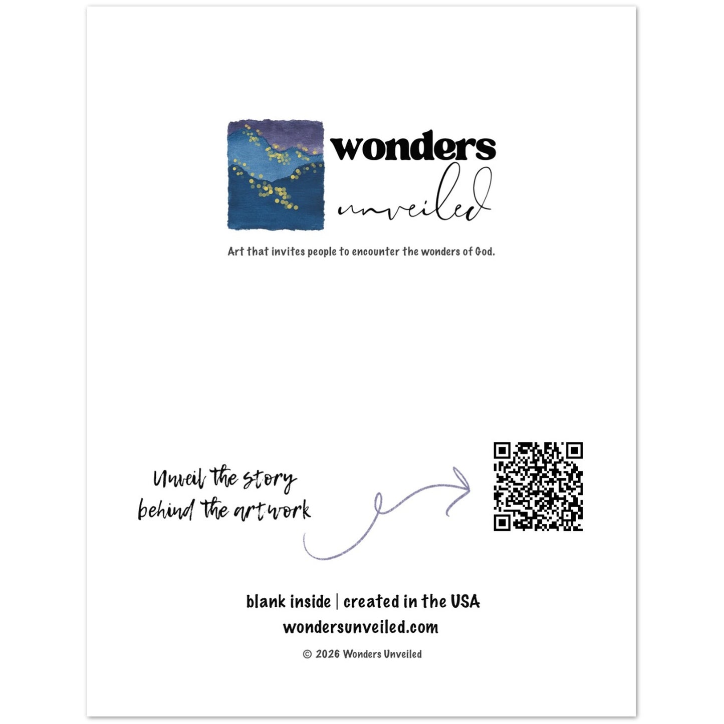 A white card with printed branding and text for Wonders Unveiled, including a small square art print, the words 'wonders unveiled,' a QR code, and website text at the bottom.