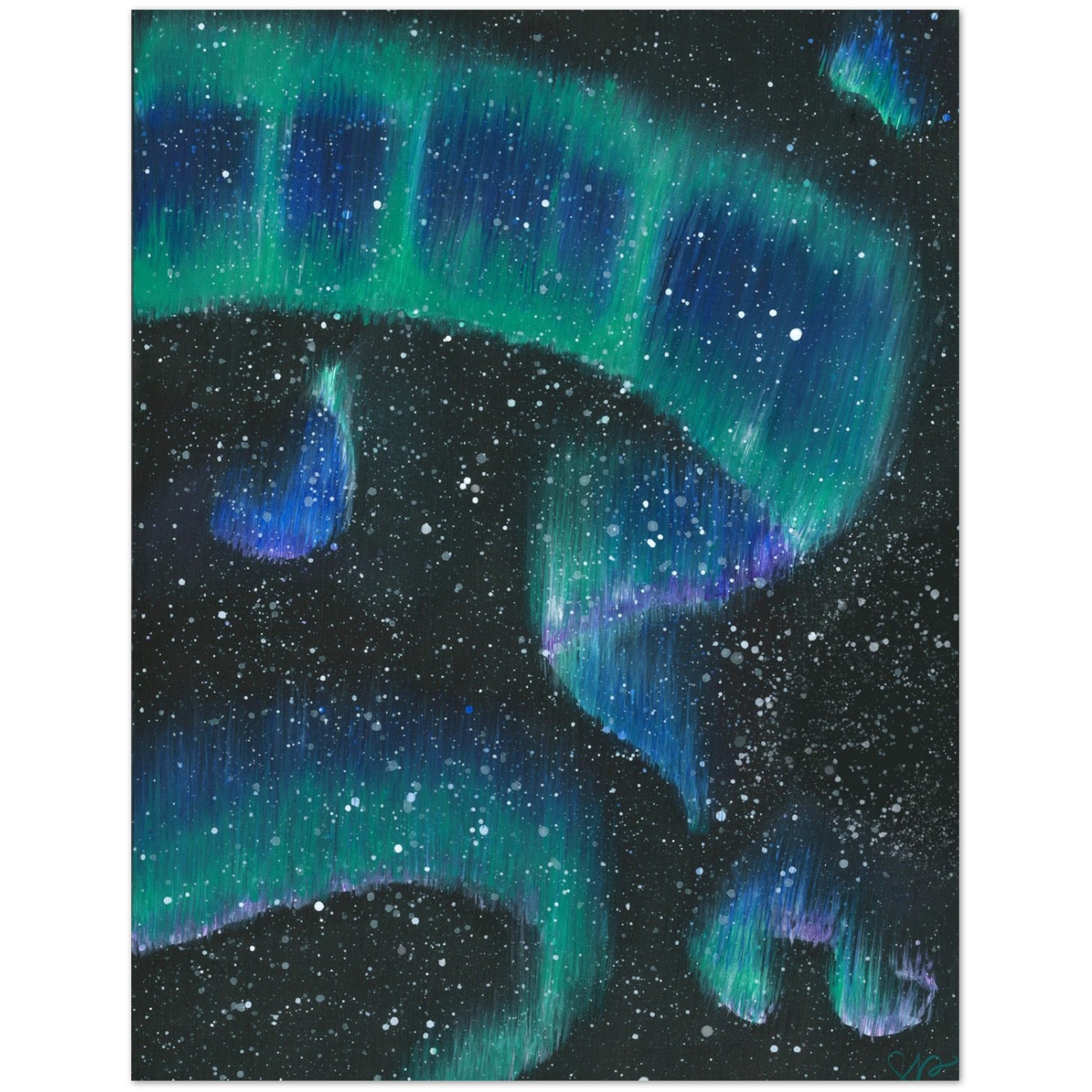 Northern lights artwork featuring vibrant green, blue, and purple aurora borealis patterns against a starry black sky.