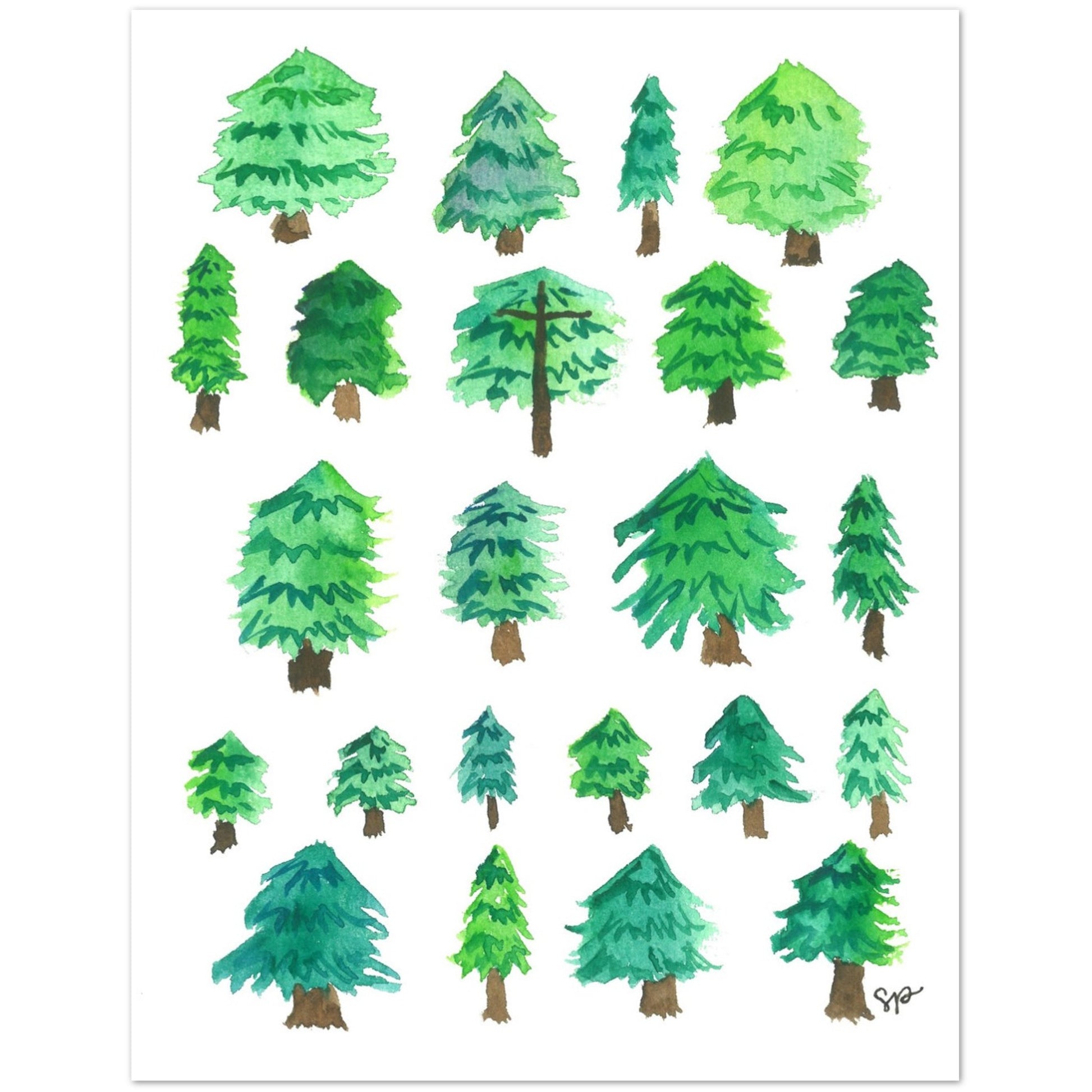 Green watercolor Christmas trees on a white card