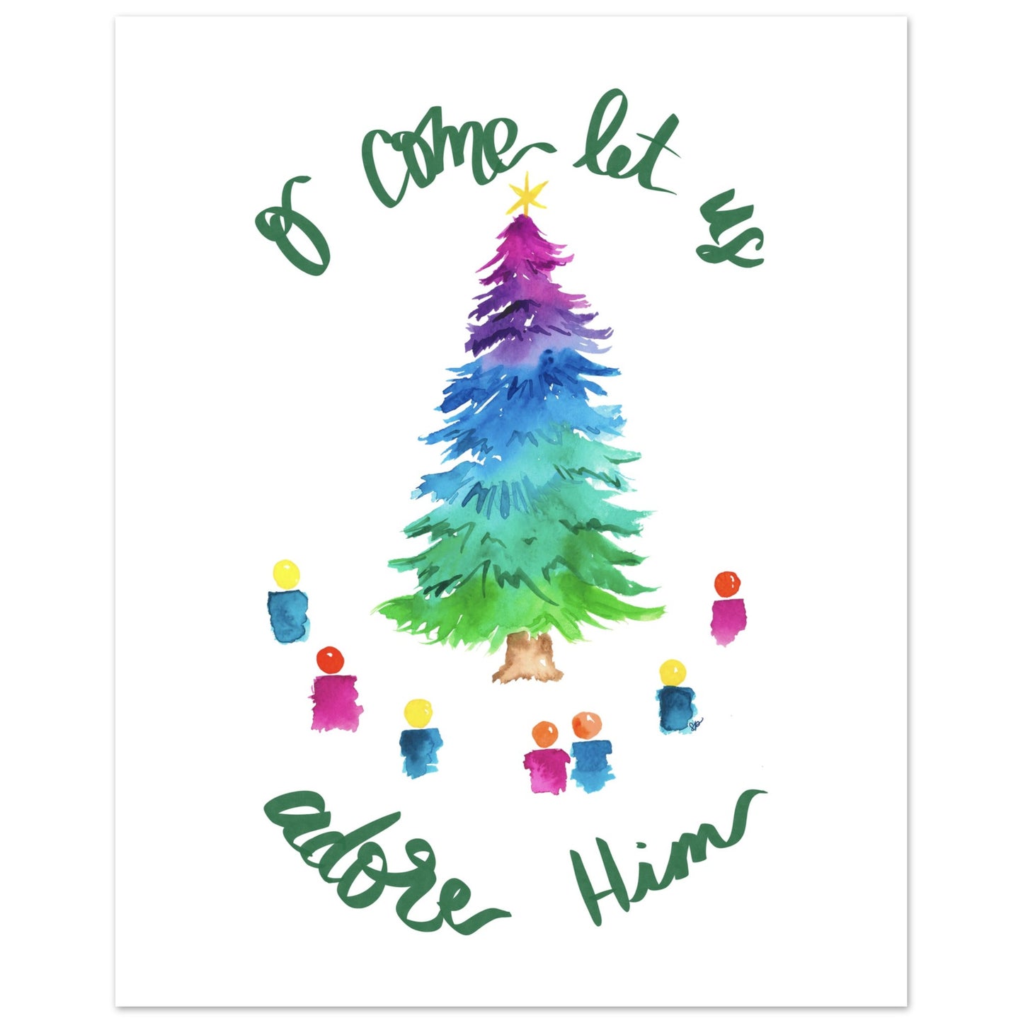 Colorful Christmas tree with children around it and text 'Come let us adore Him' on a white background