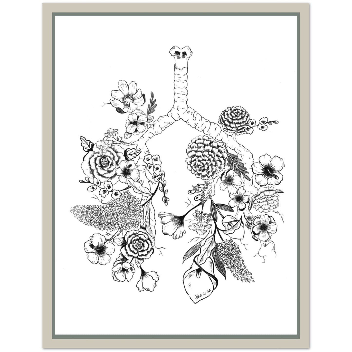 A framed black and white art print featuring a stylized anatomical lung illustration filled with flowers and leaves, shown against a light gray background.