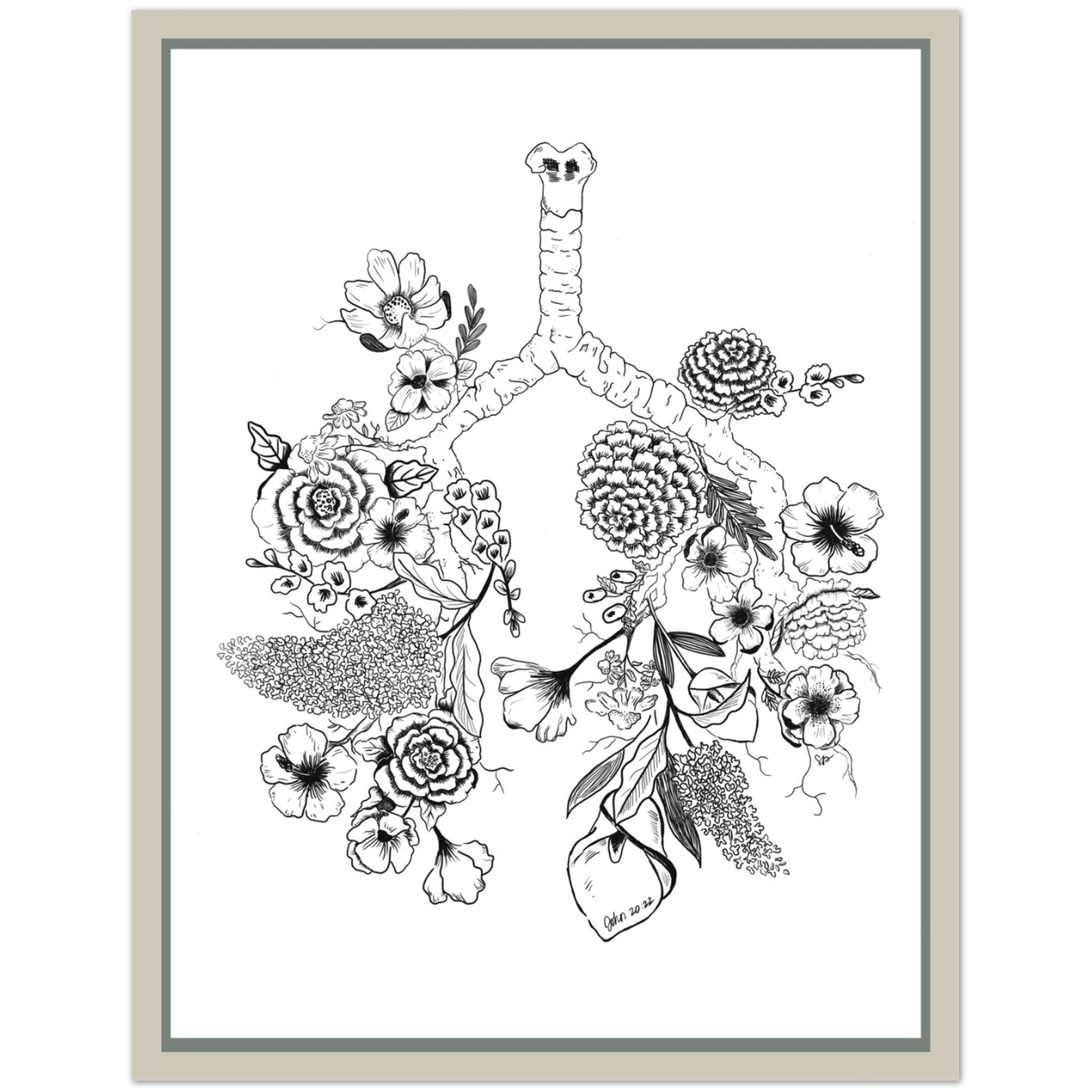A framed black and white art print featuring a stylized anatomical lung illustration filled with flowers and leaves, shown against a light gray background.