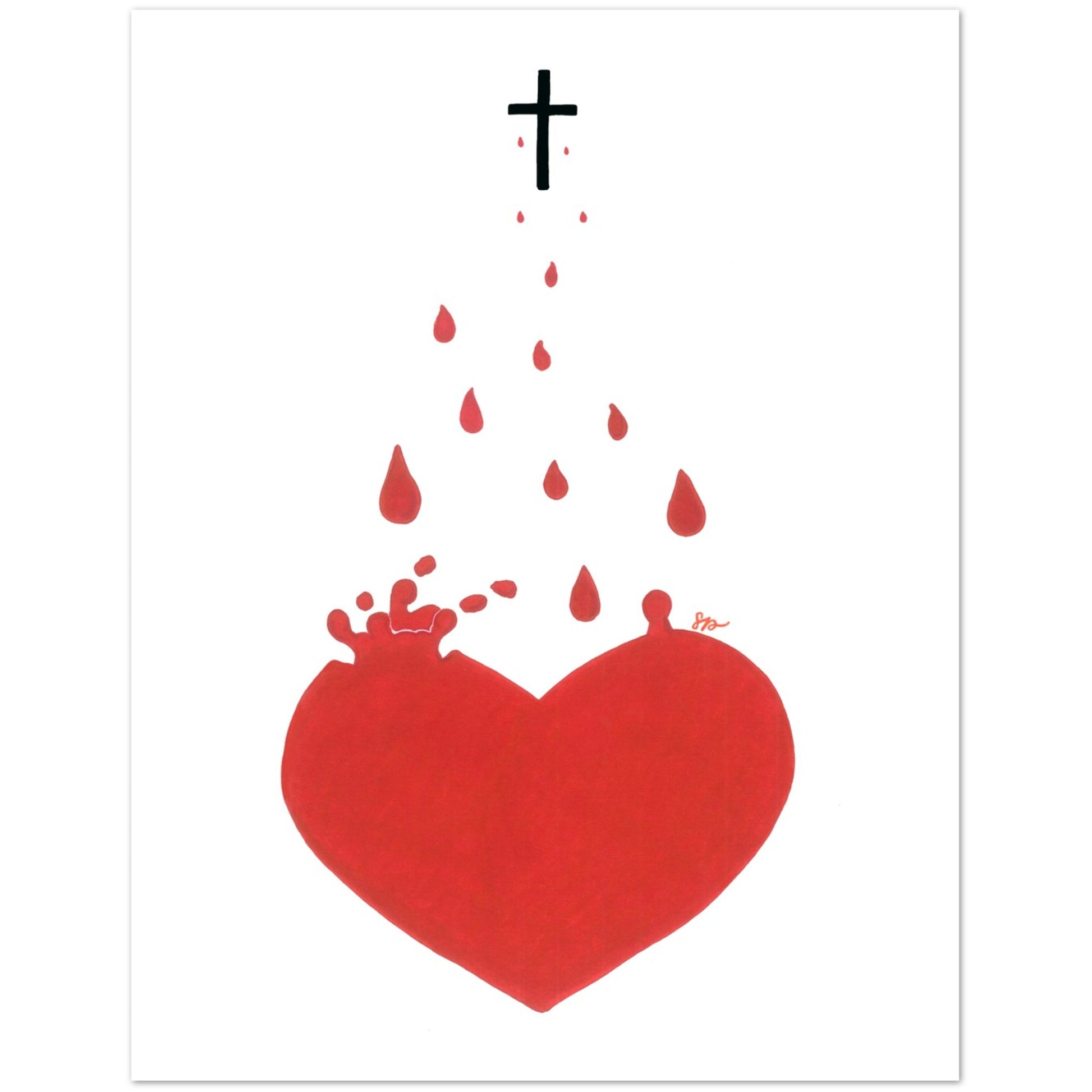 Red heart with blood drops and a cross above on a white background greeting card