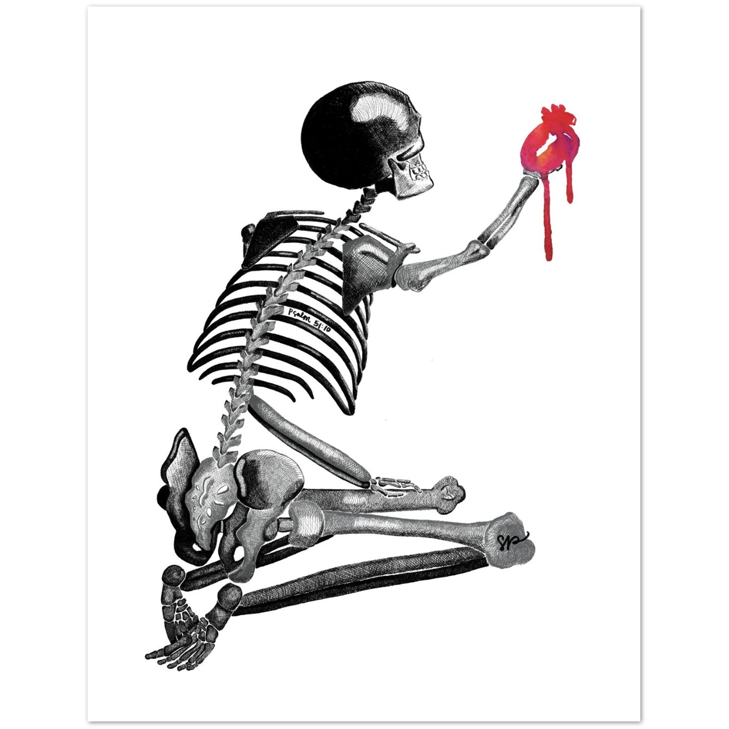 A black and white illustrated skeleton kneeling and reaching toward a red dripping heart, shown on a white background.