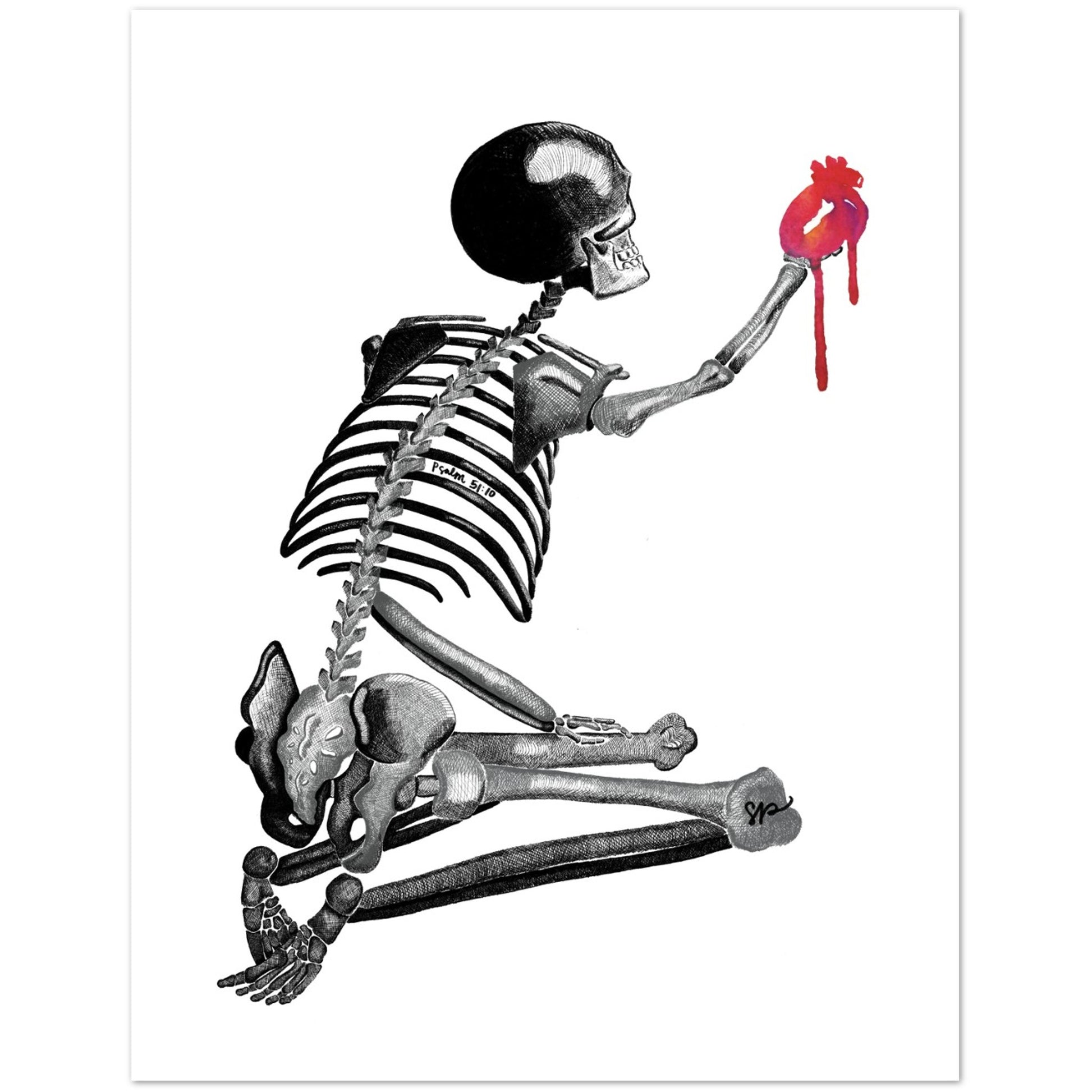 A black and white illustrated skeleton kneeling and reaching toward a red dripping heart, shown on a white background.