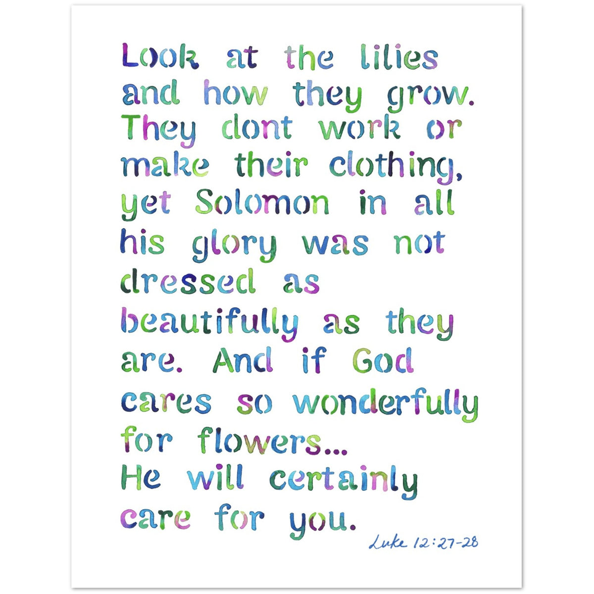 Front of card close up featuring a Bible verse from Luke 12:27-28 in pastel rainbow watercolor-style lettering on a white background.