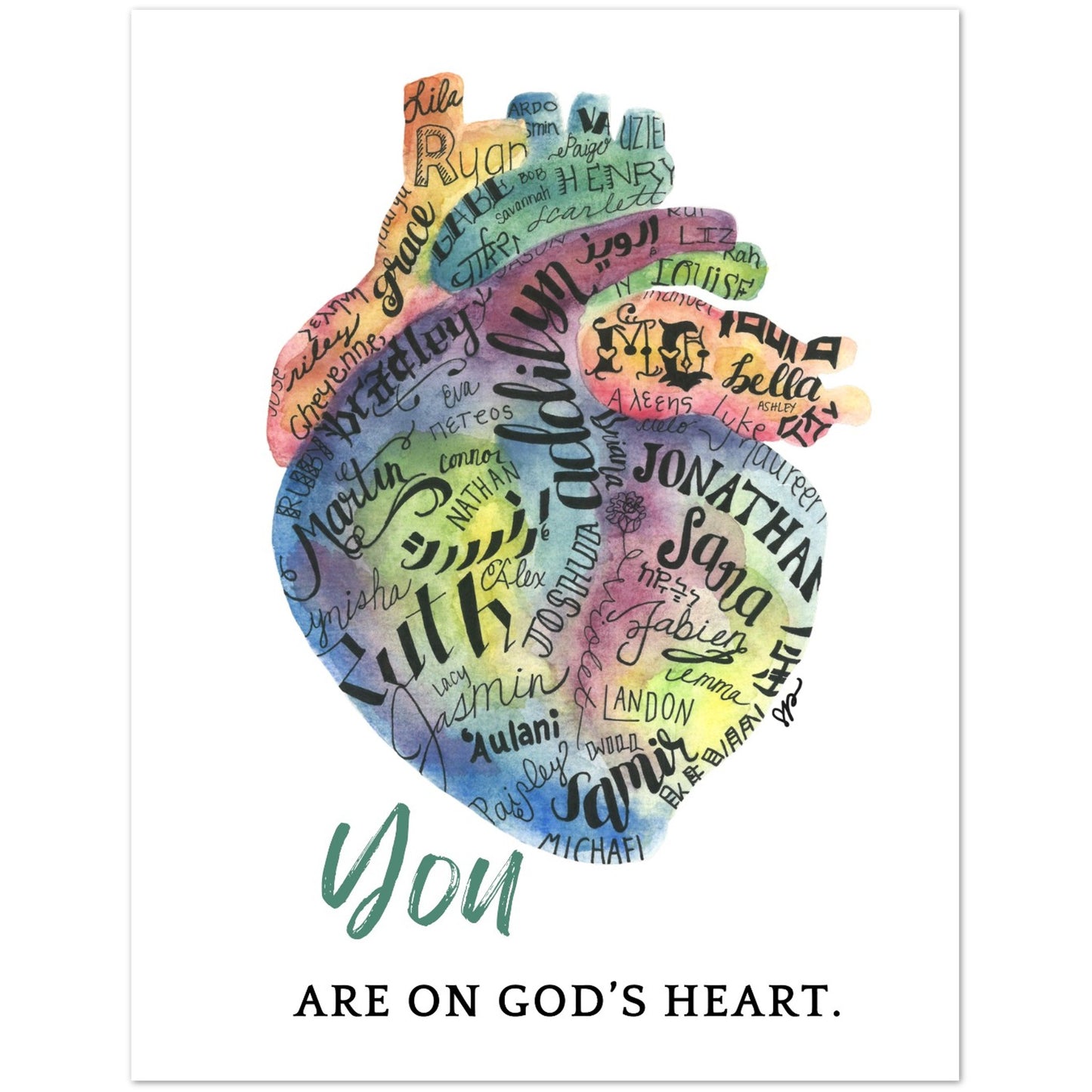 A square wall card featuring a watercolor-style anatomical heart made up of many handwritten names in different colors, with the phrase 'You ARE ON GOD'S HEART.' printed below on a white background.