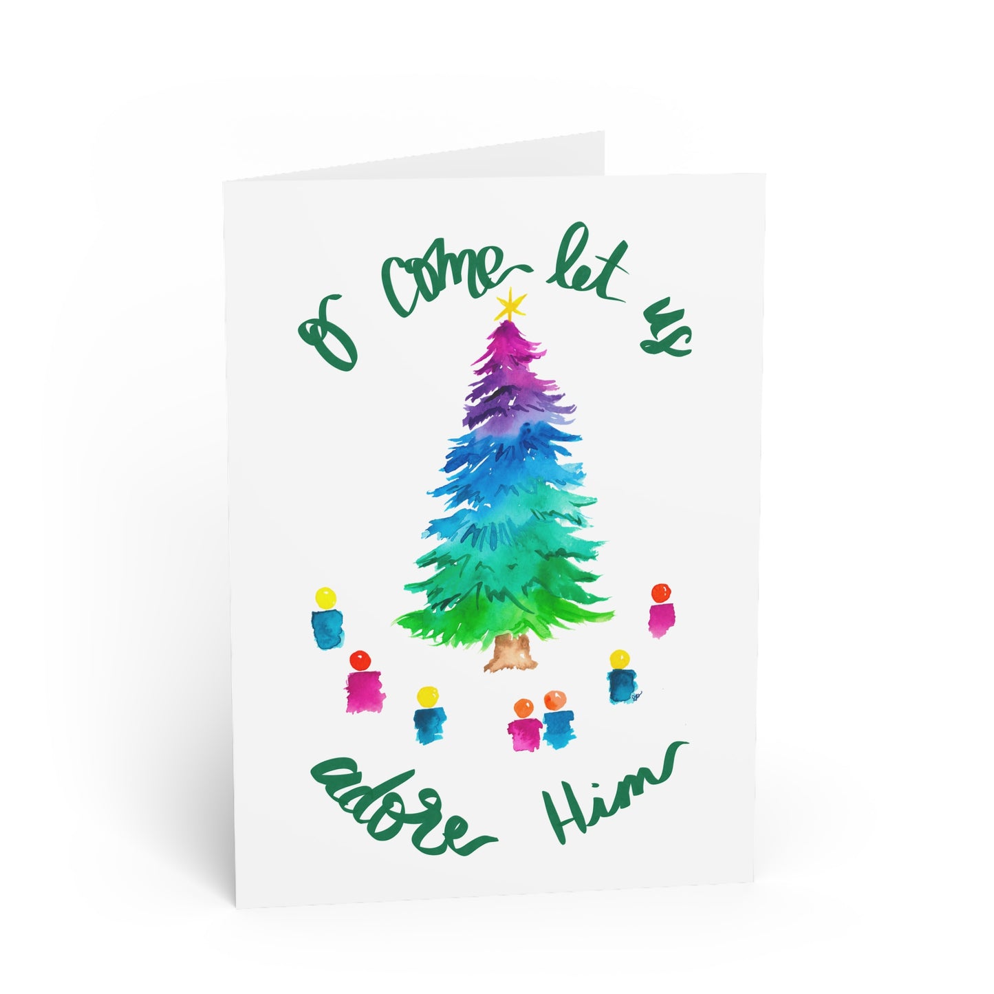 Greeting card with a colorful Christmas tree and children around it, on a white background.
