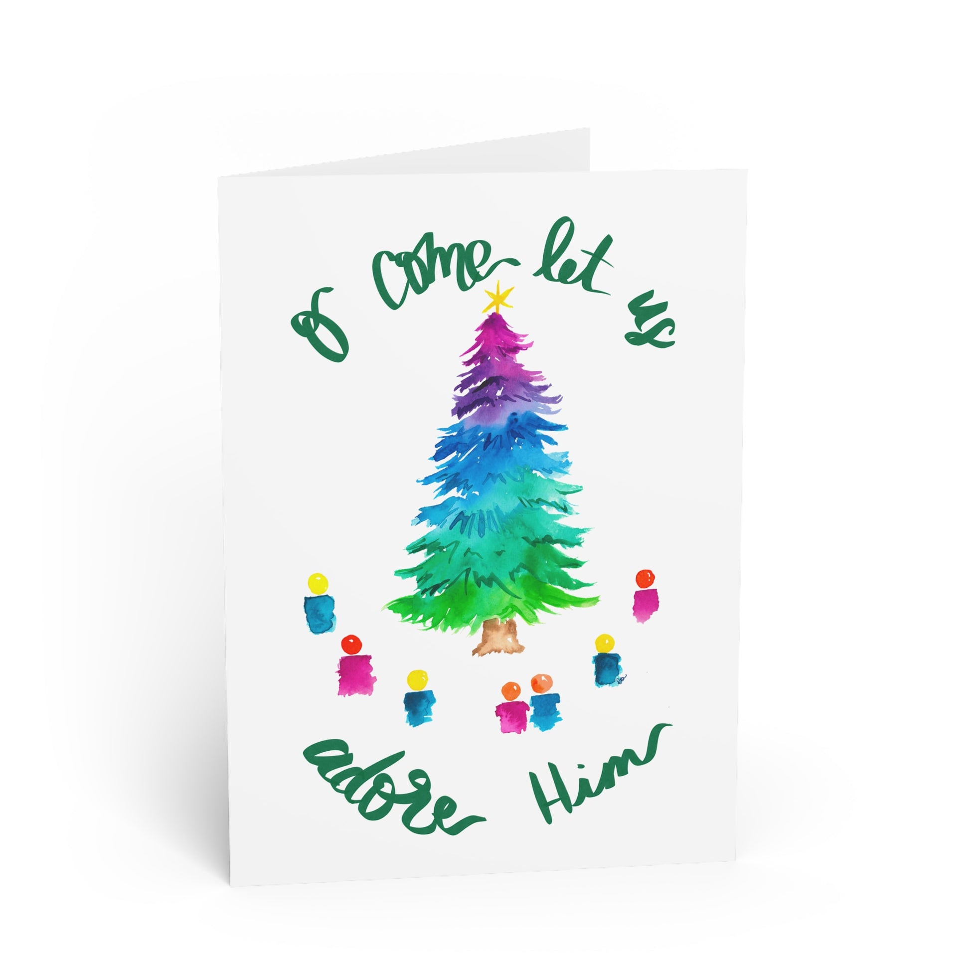 Greeting card with a colorful Christmas tree and children around it, on a white background.