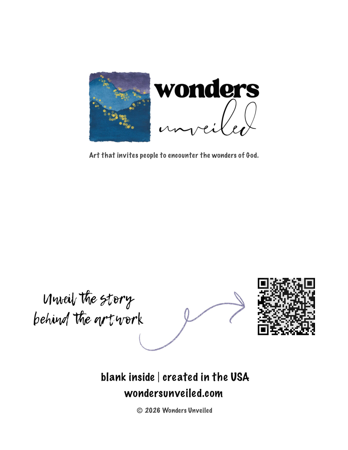 A white product insert card for 'wonders unveiled' featuring a small square artwork, the brand name 'wonders unveiled', a QR code, and text that reads 'Unveil the story behind the artwork' and 'blank inside | created in the USA'.