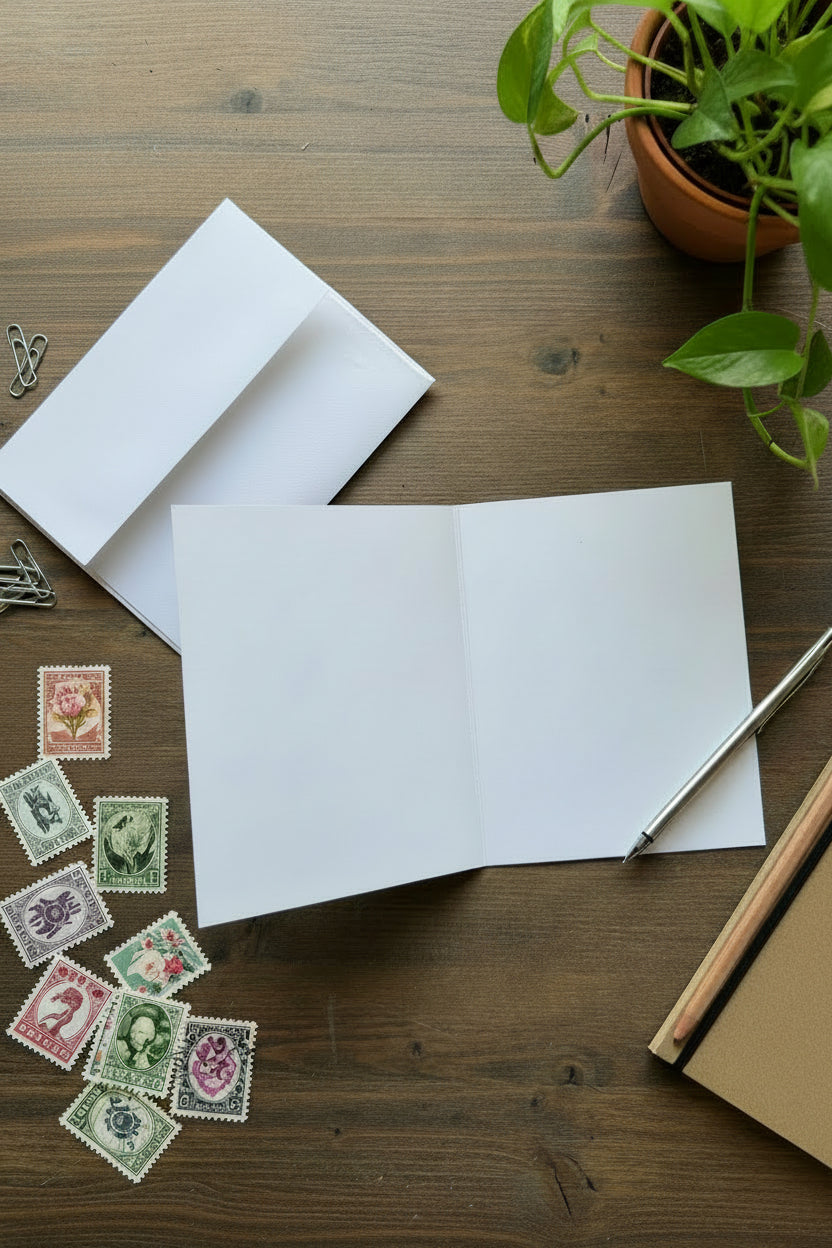 A white folded greeting card lies open on a dark brown wooden tabletop, with a silver pen resting on one page and a matching folded white envelope behind it.