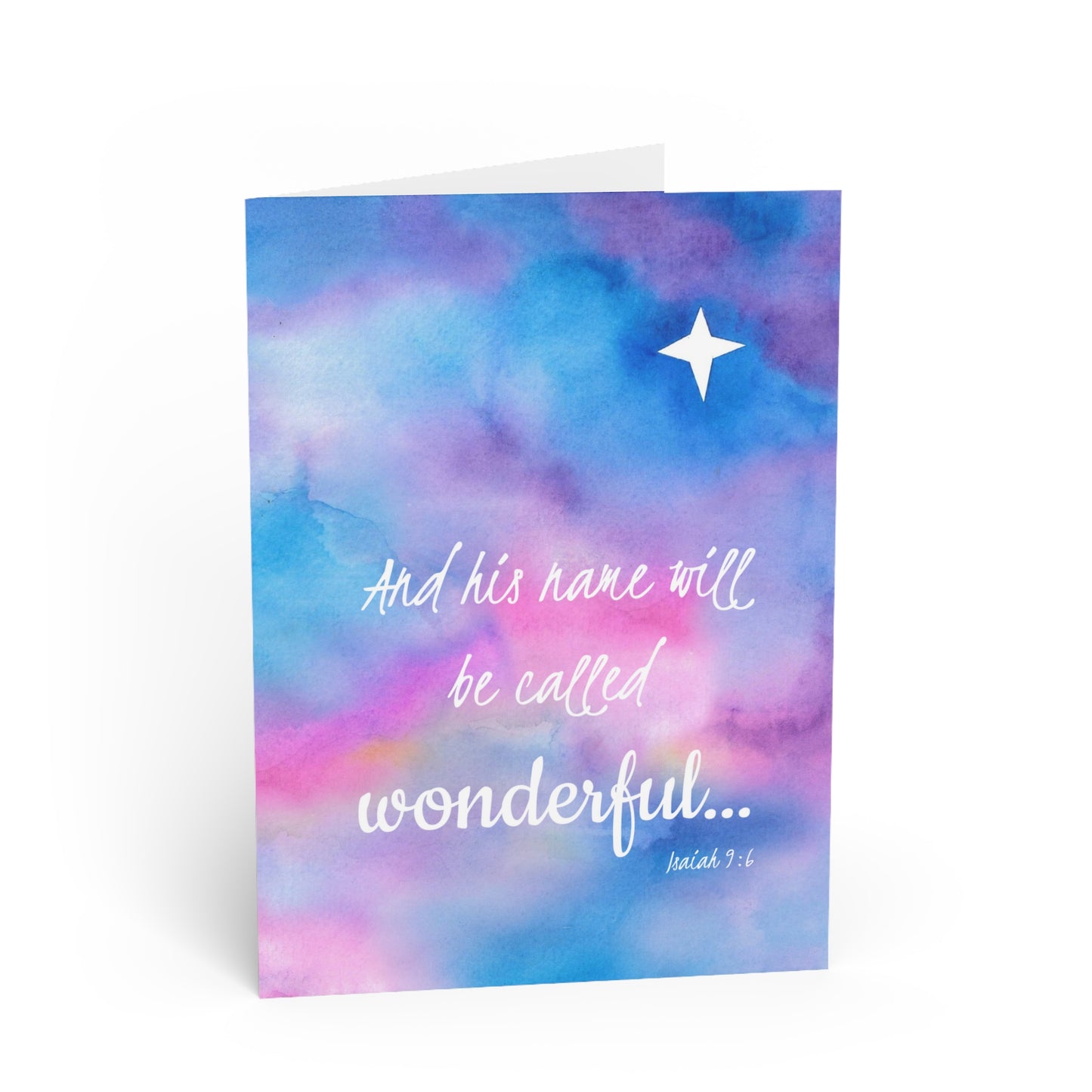 Greeting card with watercolor design and text  “And his name will be called wonderful… Isaiah 9:6” on a white background
