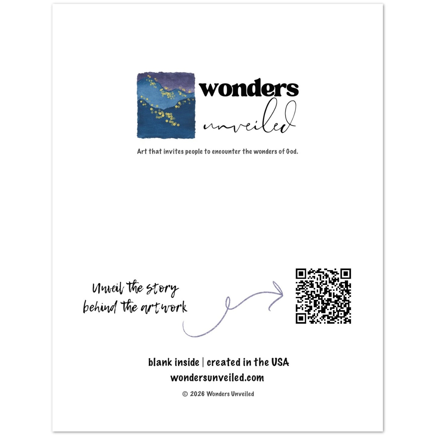 A white rectangular card with printed branding and text. The top shows a small square artwork in blue, purple, and yellow tones next to the words 'wonders unveiled.