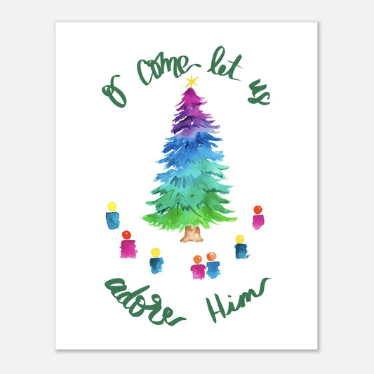 Colorful Christmas tree with children around and text 'Come let us adore Him' on a white background