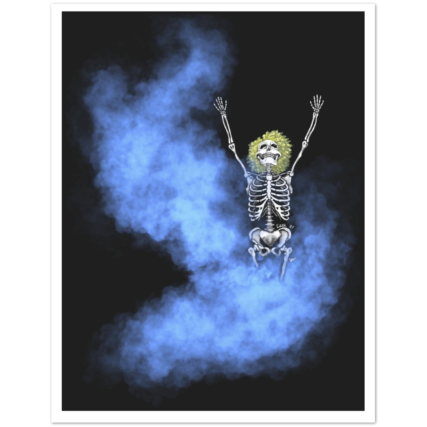 A vertical art print featuring a cartoon skeleton with raised arms and a green hairpiece, floating in blue smoke against a black background, with a white border around the print.