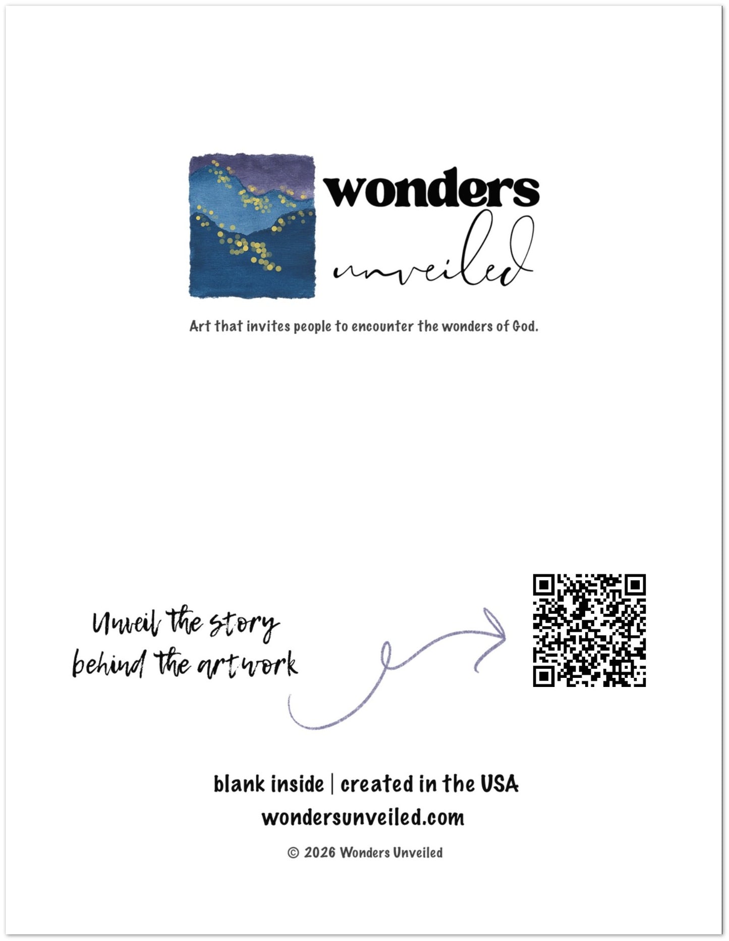 A white card with printed branding and text for Wonders Unveiled, including a small square artwork preview, a QR code, and the phrase 'Unveil the story behind the artwork.'.