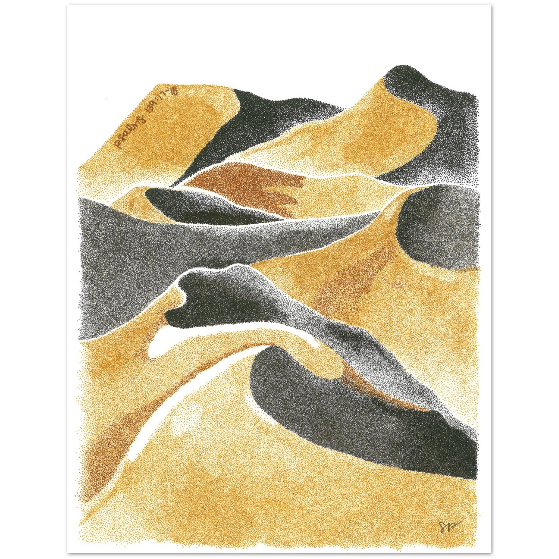 Stippled sand dune art on front of greeting card with yellow, tan, brown, and black colors