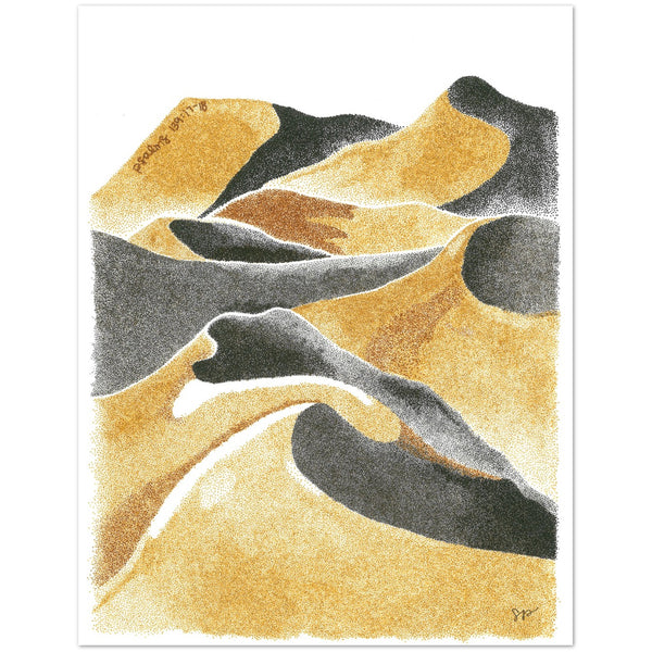 Stippled sand dune art on front of greeting card with yellow, tan, brown, and black colors