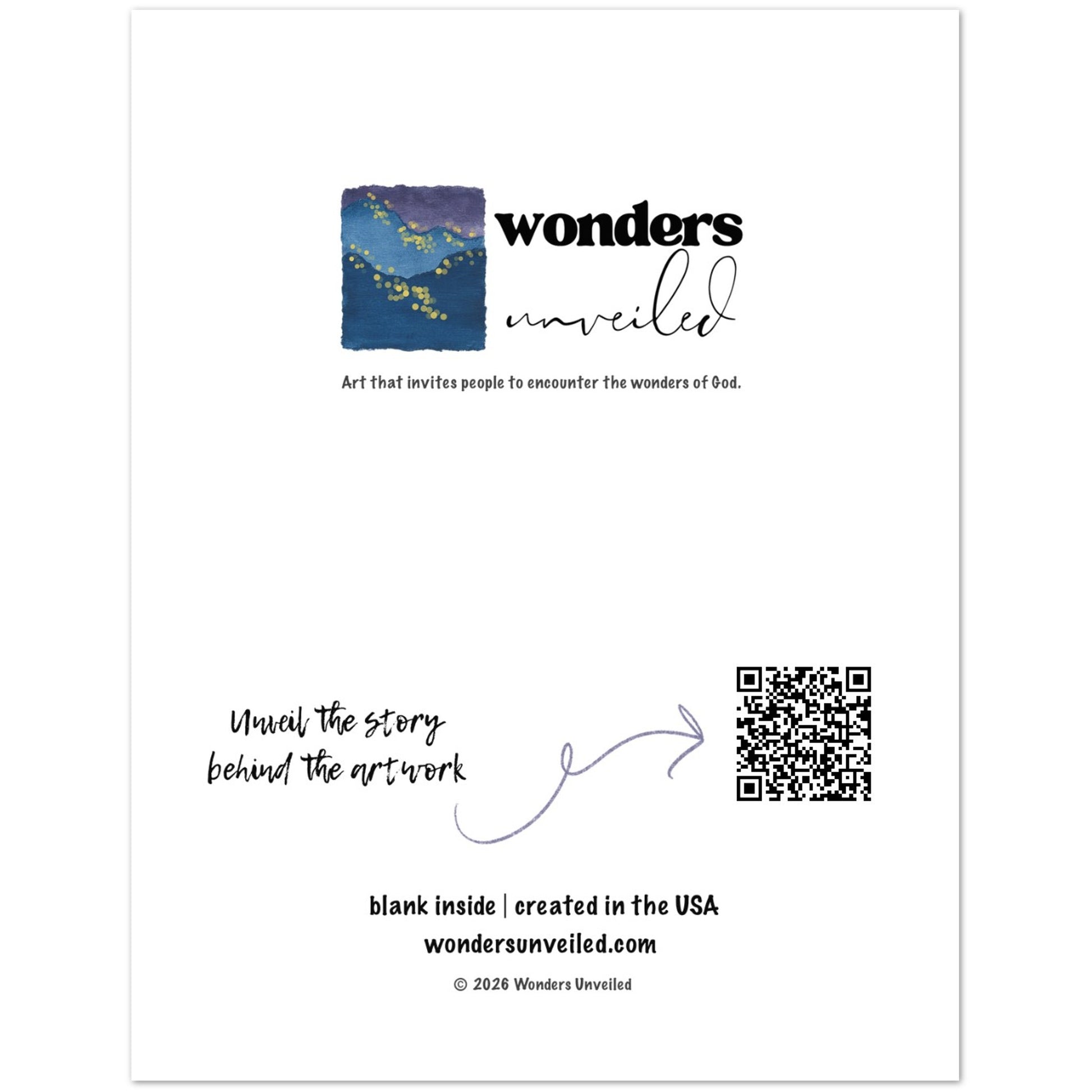 A white card with printed branding and text for Wonders Unveiled, including a small square artwork preview, a QR code, and the phrase 'blank inside | created in the USA wondersunveiled.com'.