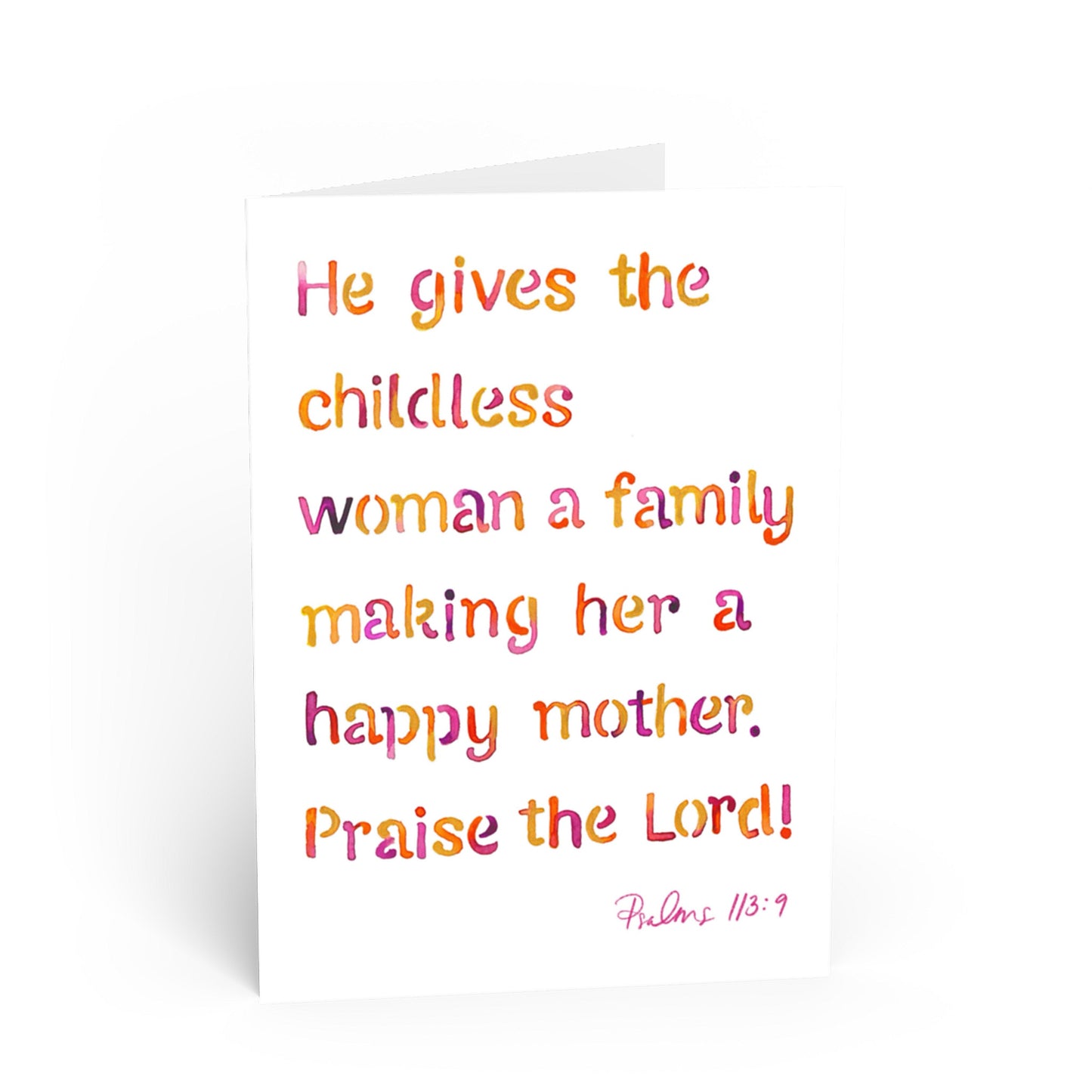 A white greeting card with a colorful watercolor-style Bible verse printed on it, shown standing against a white background.