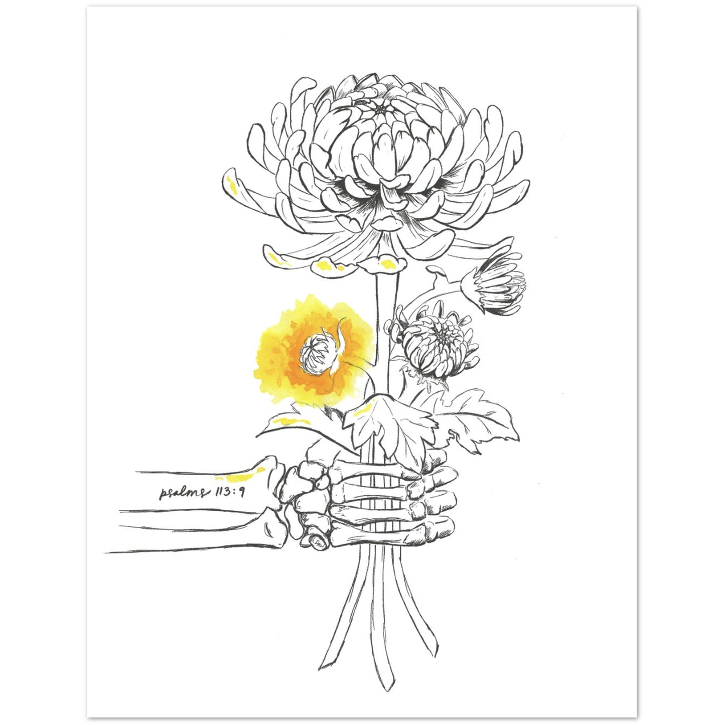 A black and white line art illustration of a skeleton hand holding a bouquet of chrysanthemums, with one flower highlighted in yellow, printed on a white background.