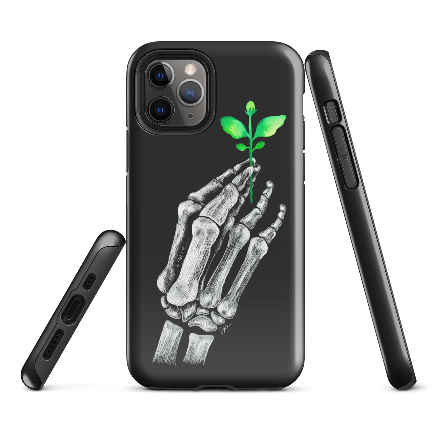 Back image of black background phone case with white skeleton hand holding a green plant. Showing open ports at the bottom of the case and side of the case showing buttons.
