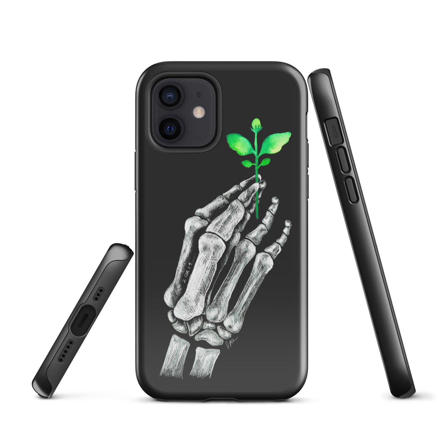 Back image of black background phone case with white skeleton hand holding a green plant. Showing open ports at the bottom of the case and side of the case showing buttons.