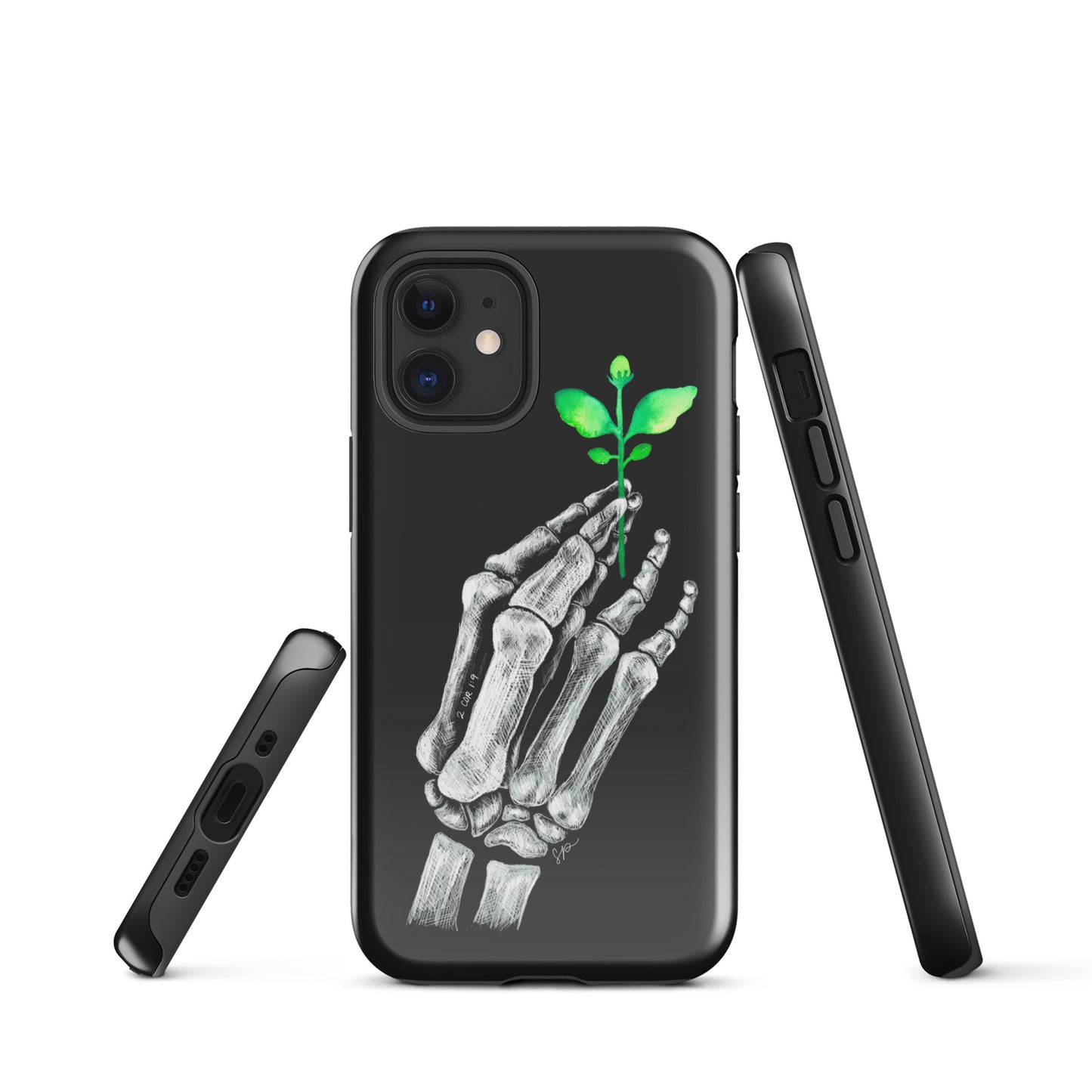 Back image of black background phone case with white skeleton hand holding a green plant. Showing open ports at the bottom of the case and side of the case showing buttons.