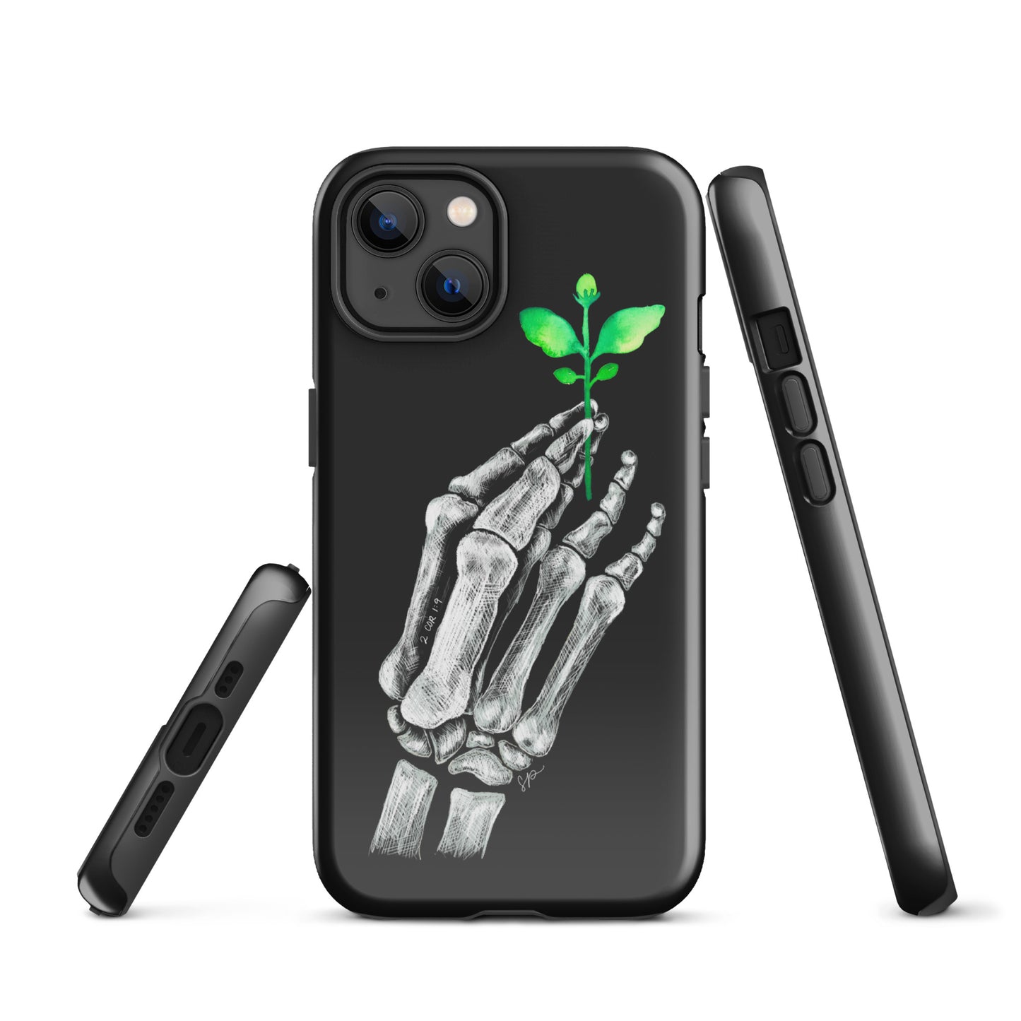 Back image of black background phone case with white skeleton hand holding a green plant. Showing open ports at the bottom of the case and side of the case showing buttons.