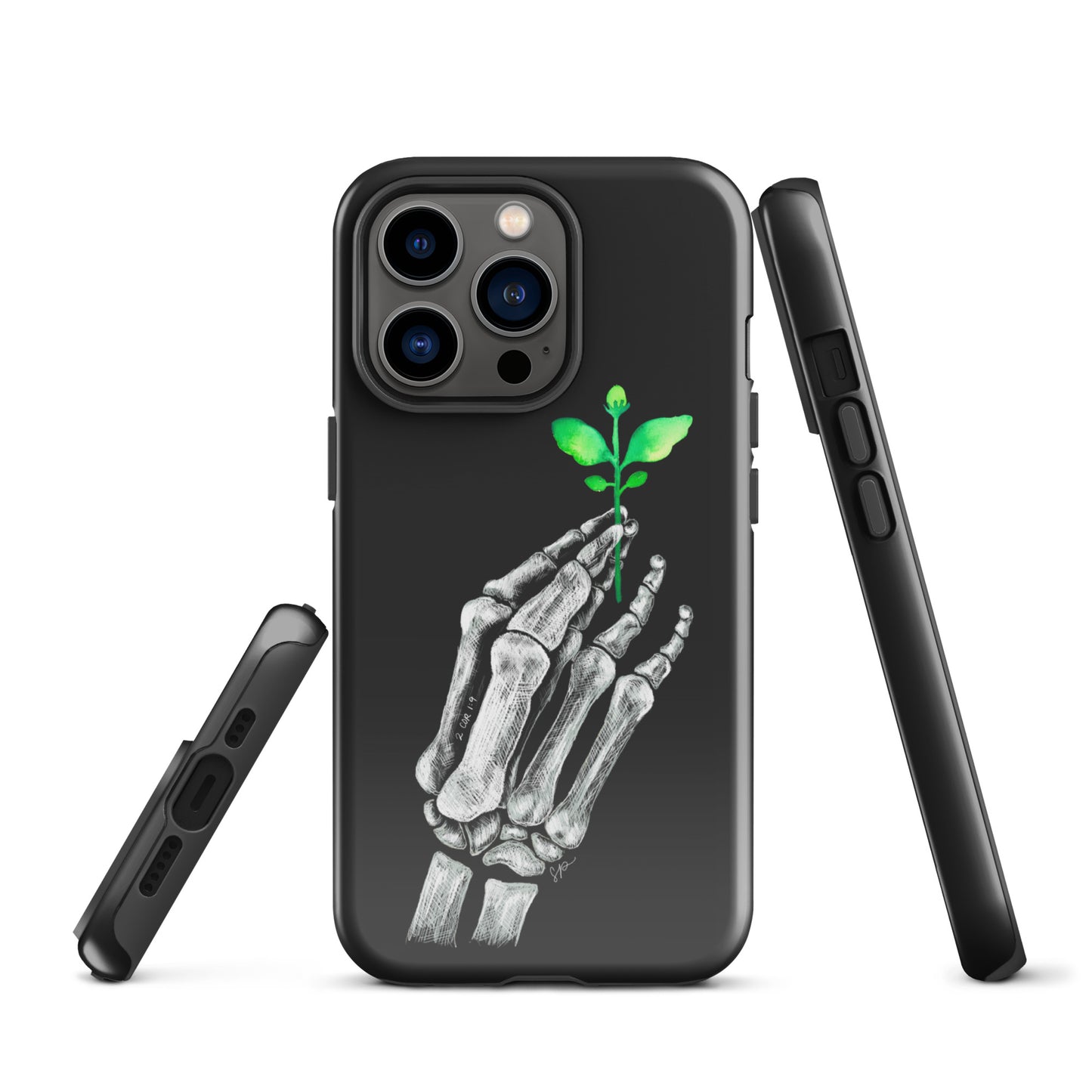 Back image of black background phone case with white skeleton hand holding a green plant. Showing open ports at the bottom of the case and side of the case showing buttons.