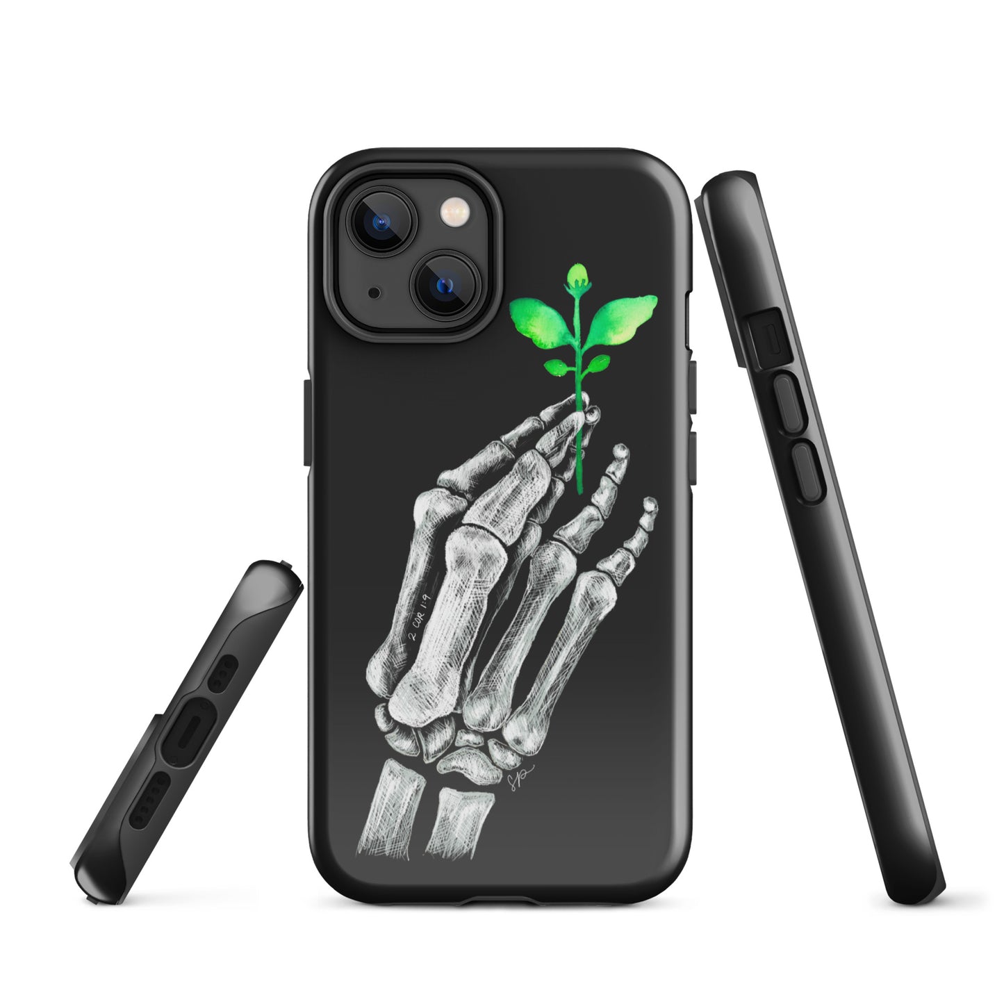 Back image of black background phone case with white skeleton hand holding a green plant. Showing open ports at the bottom of the case and side of the case showing buttons.