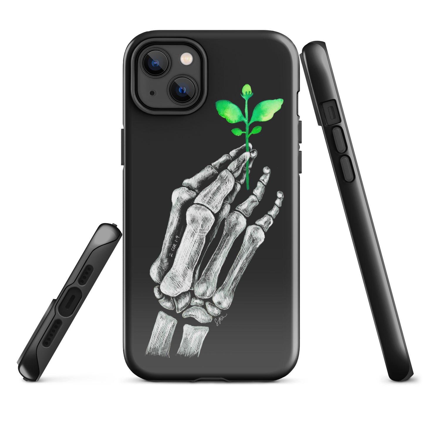 Back image of black background phone case with white skeleton hand holding a green plant. Showing open ports at the bottom of the case and side of the case showing buttons.