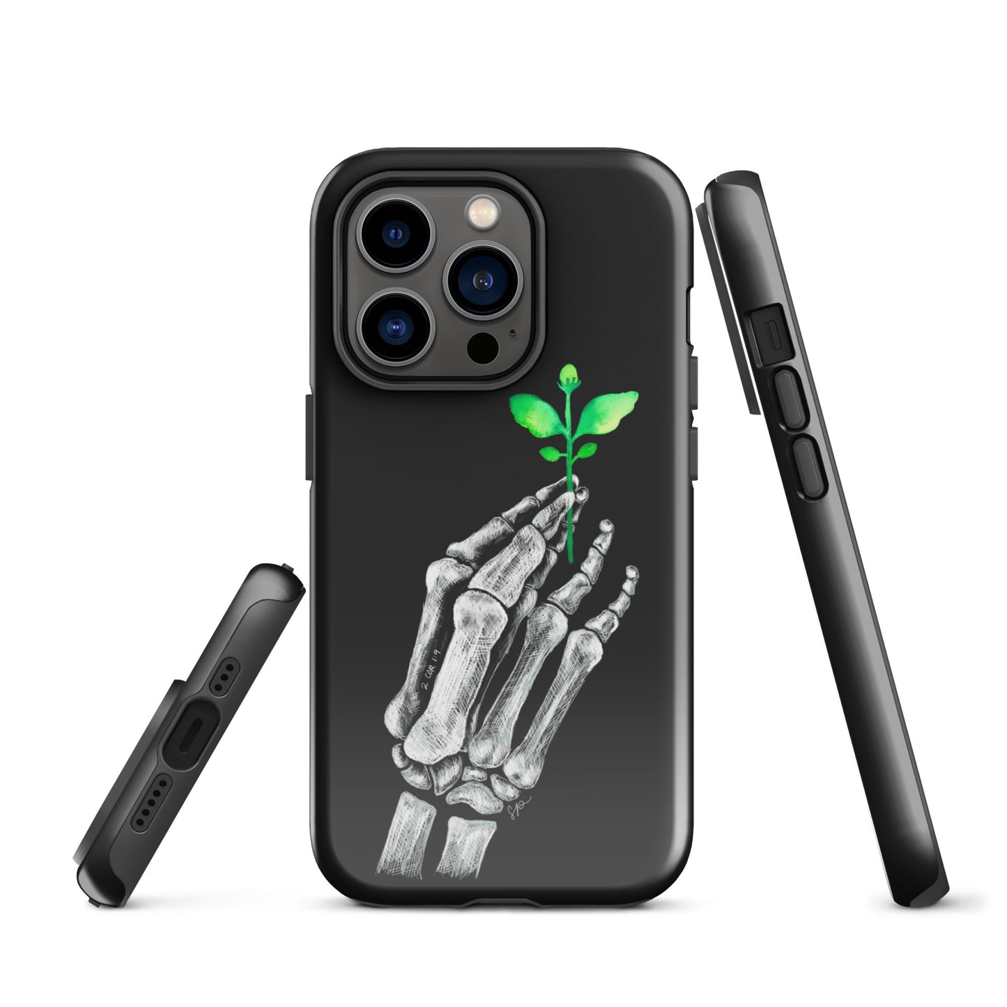 Back image of black background phone case with white skeleton hand holding a green plant. Showing open ports at the bottom of the case and side of the case showing buttons.