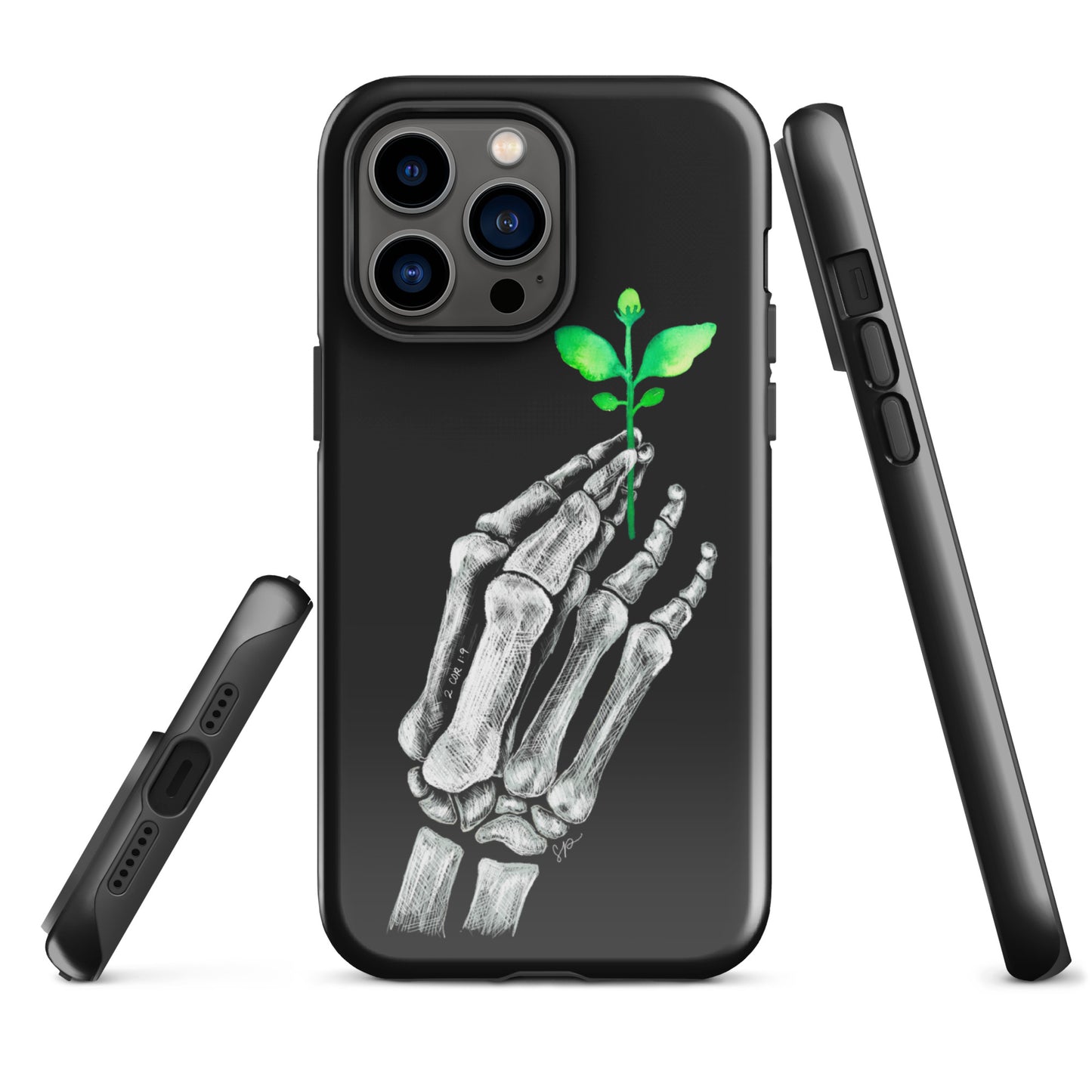 Back image of black background phone case with white skeleton hand holding a green plant. Showing open ports at the bottom of the case and side of the case showing buttons.