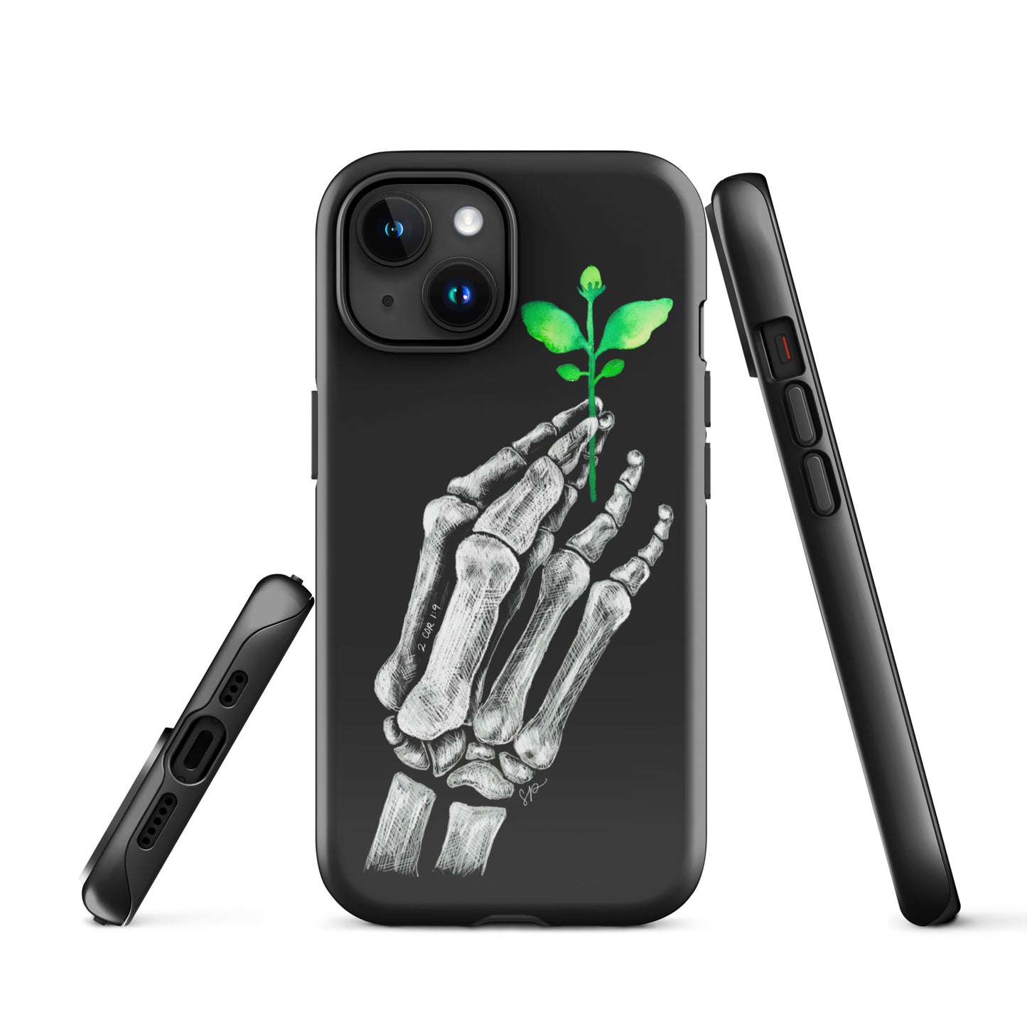Back image of black background phone case with white skeleton hand holding a green plant. Showing open ports at the bottom of the case and side of the case showing buttons.