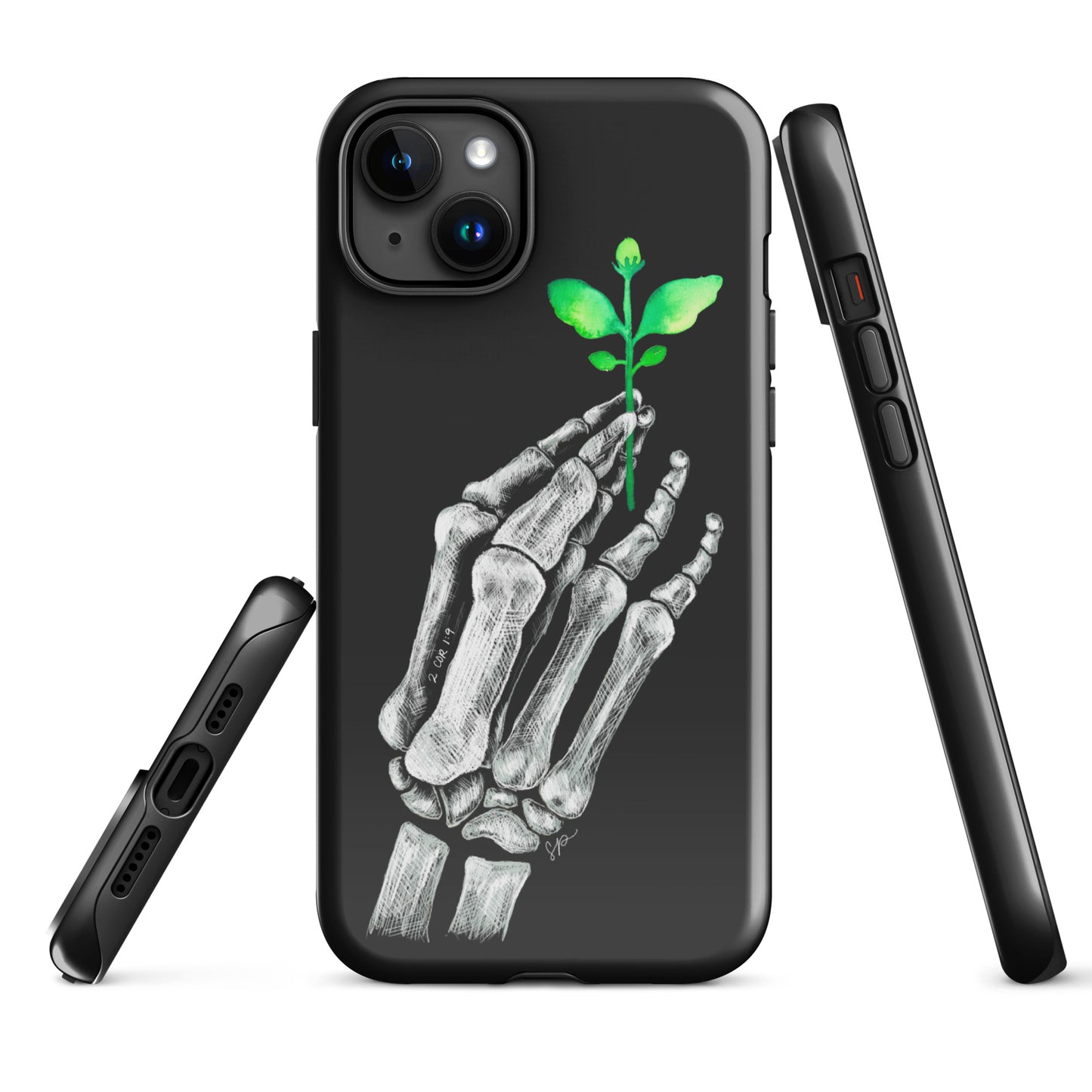 Back image of black background phone case with white skeleton hand holding a green plant. Showing open ports at the bottom of the case and side of the case showing buttons.