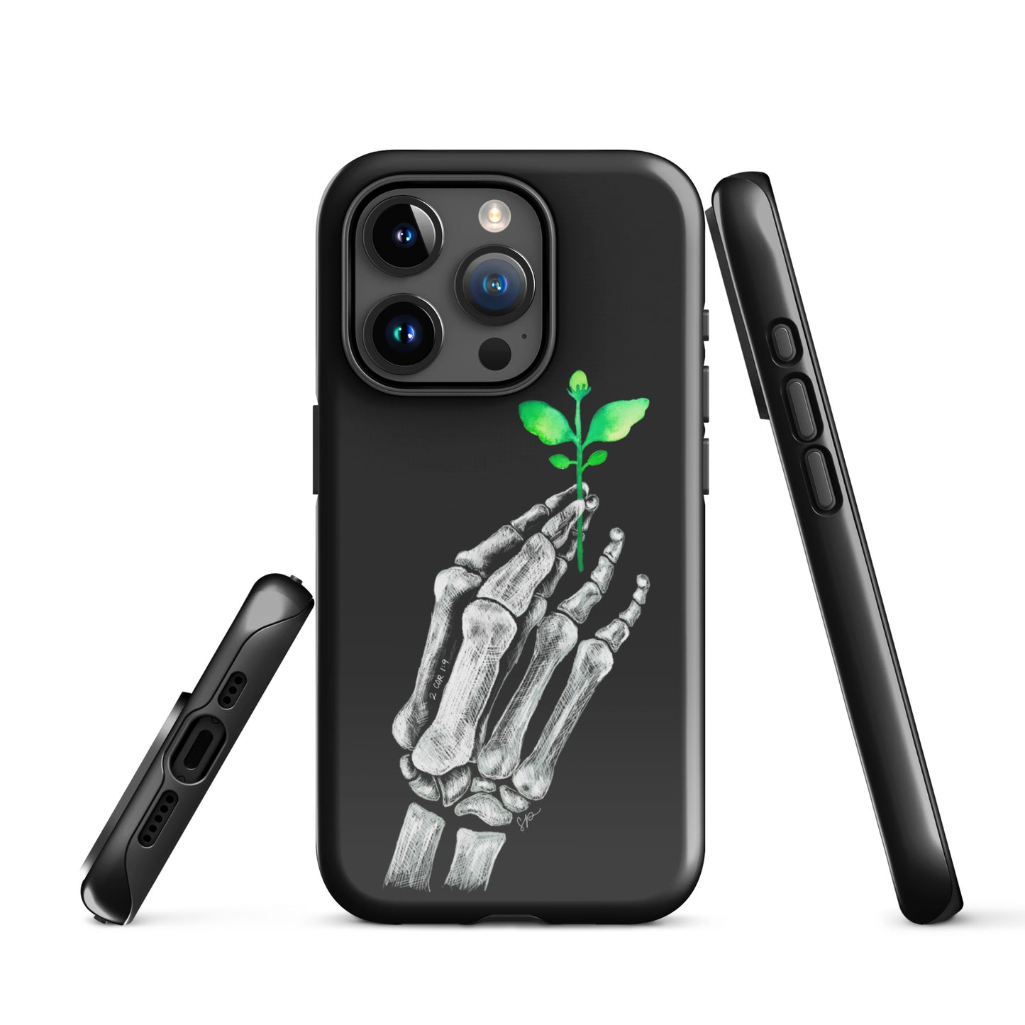 Back image of black background phone case with white skeleton hand holding a green plant. Showing open ports at the bottom of the case and side of the case showing buttons.