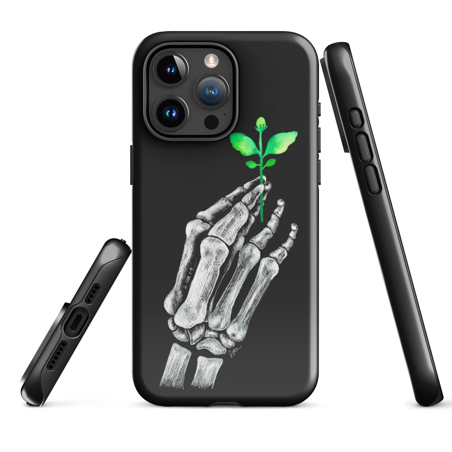 Back image of black background phone case with white skeleton hand holding a green plant. Showing open ports at the bottom of the case and side of the case showing buttons.
